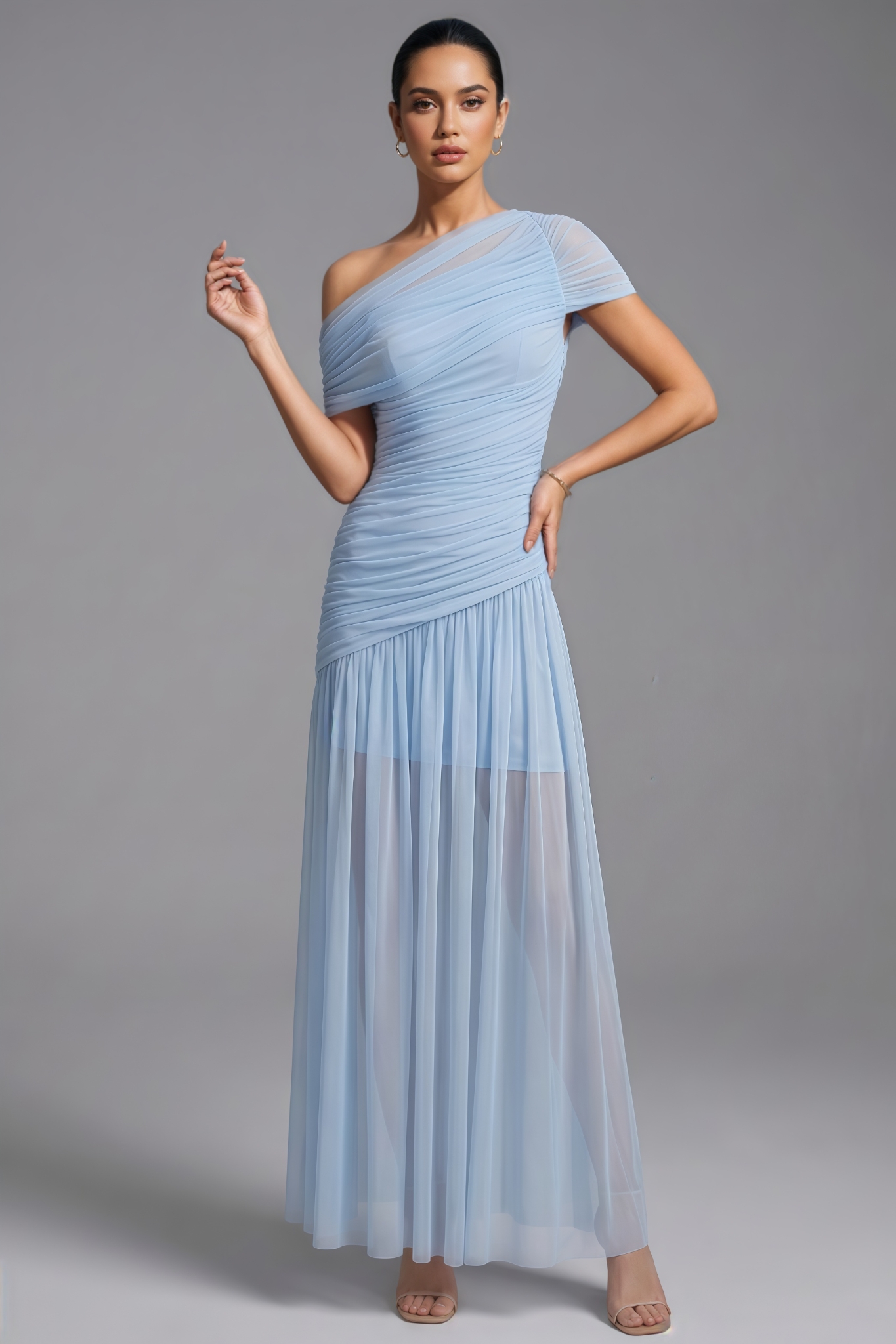 Etity Blue Slanted Shoulder Mesh Maxi Dress