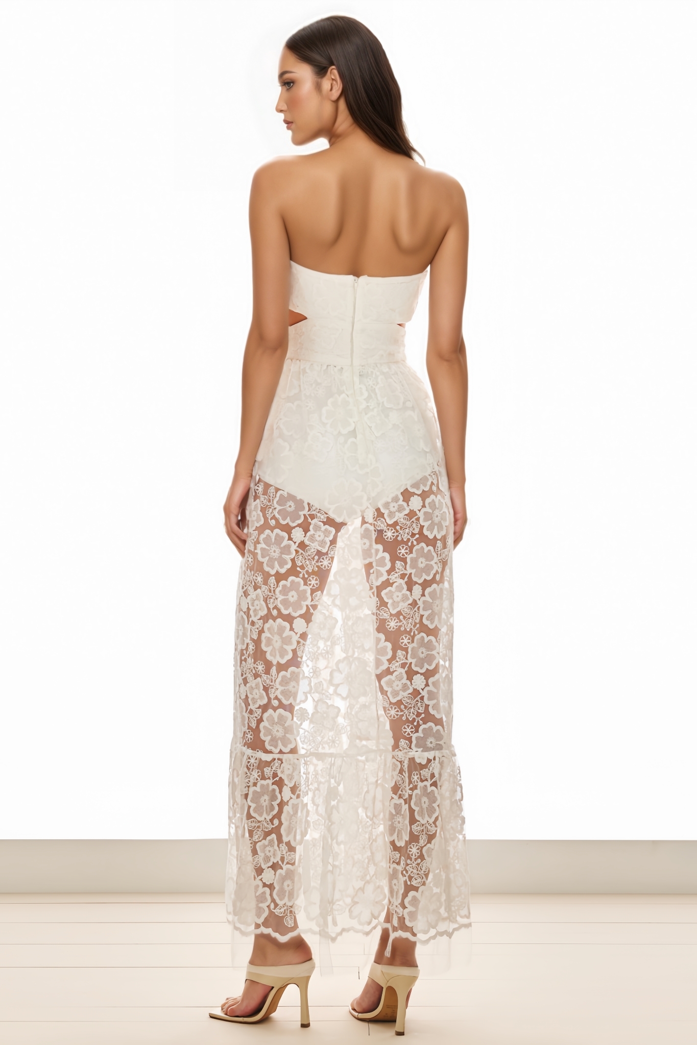 Oveank White 3D Floral Slit Maxi Dress