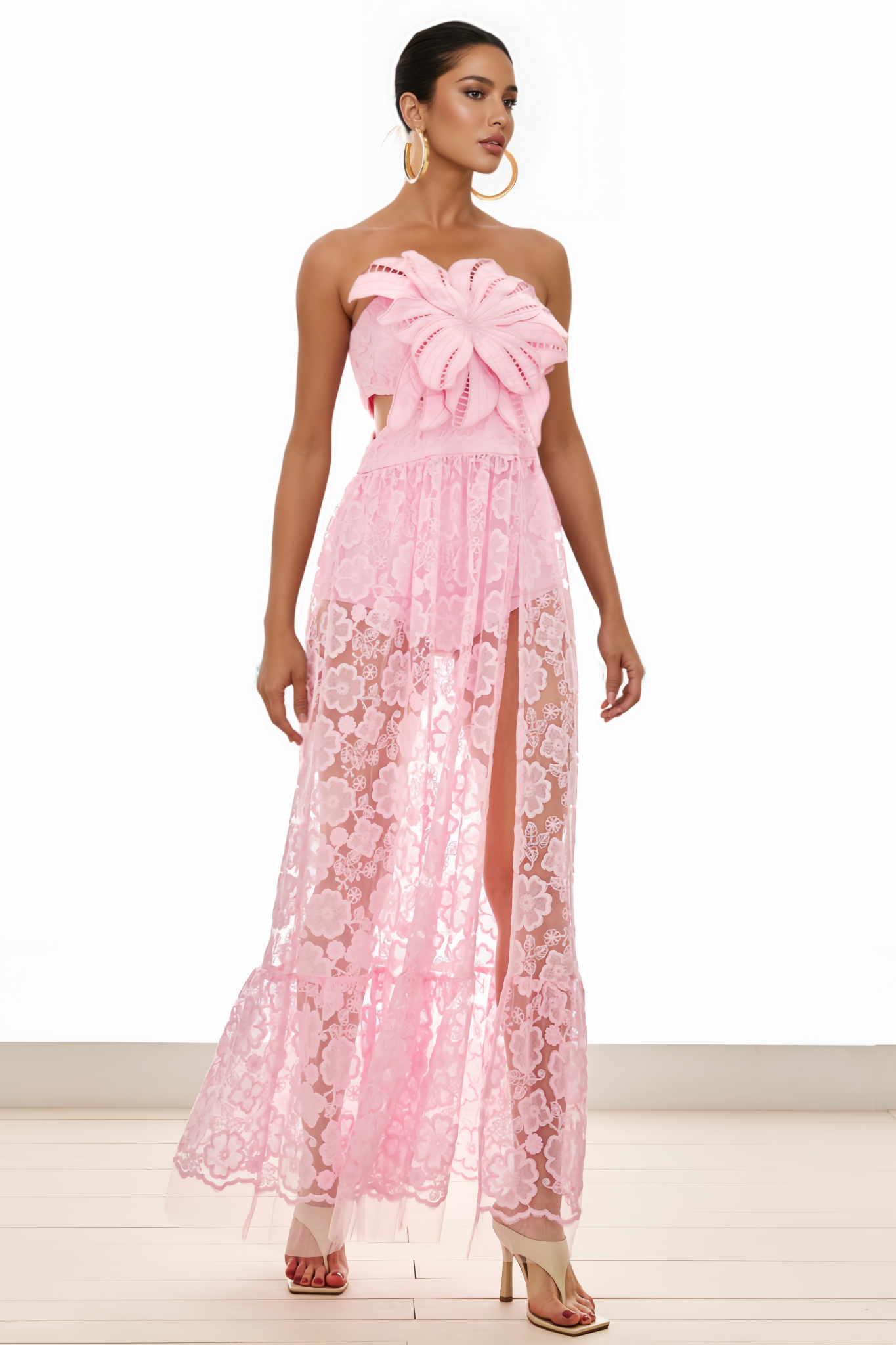 Malinty Pink 3D Floral Slit Maxi Dress