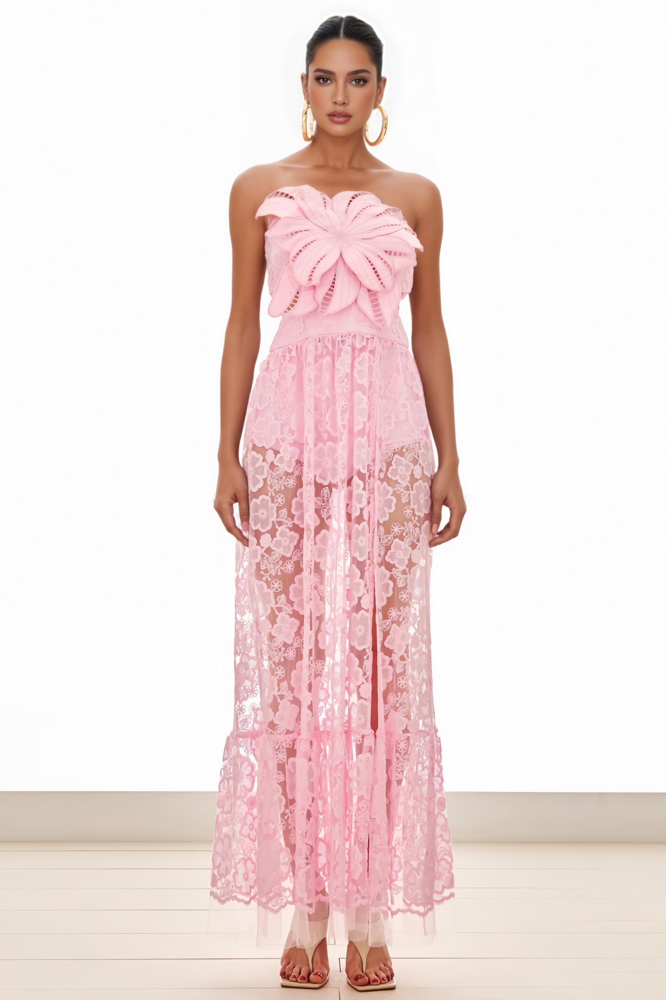 Malinty Pink 3D Floral Slit Maxi Dress