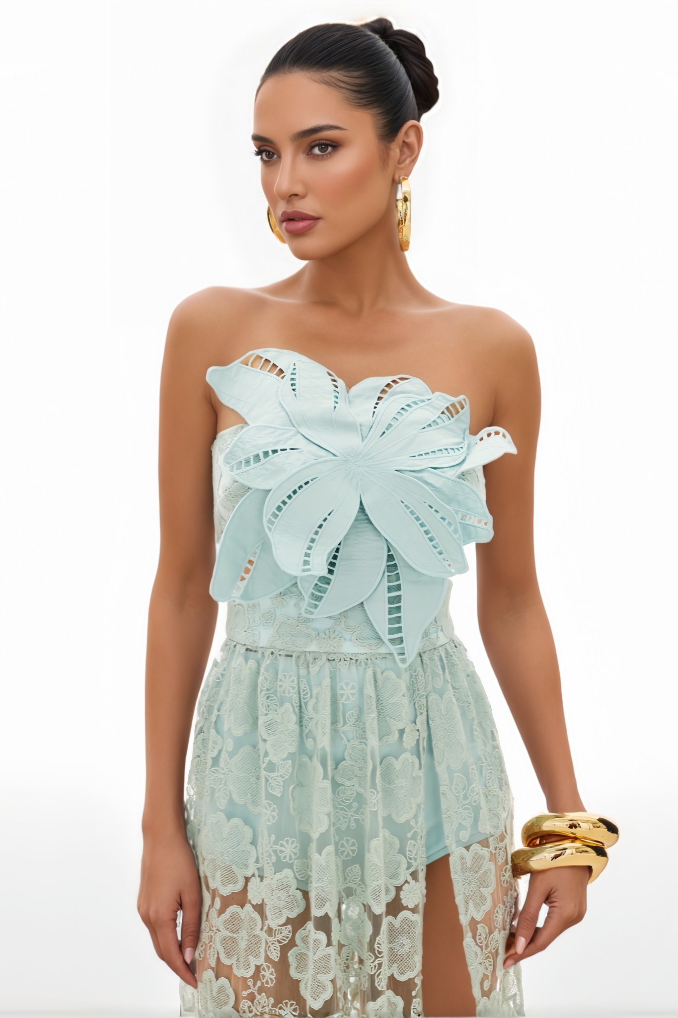 Noricp Green 3D Floral Slit Maxi Dress