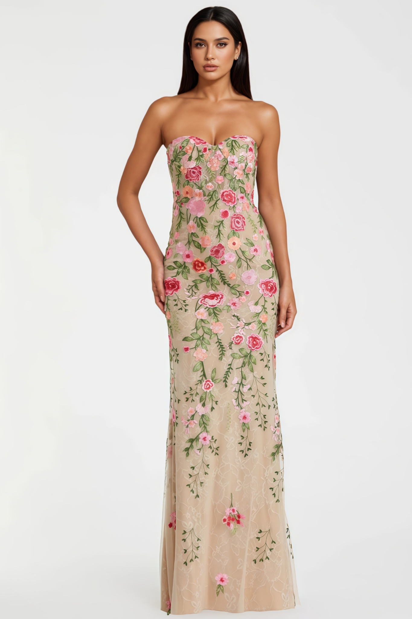 Vlore Beige Embroidered Strapless Maxi Dress
