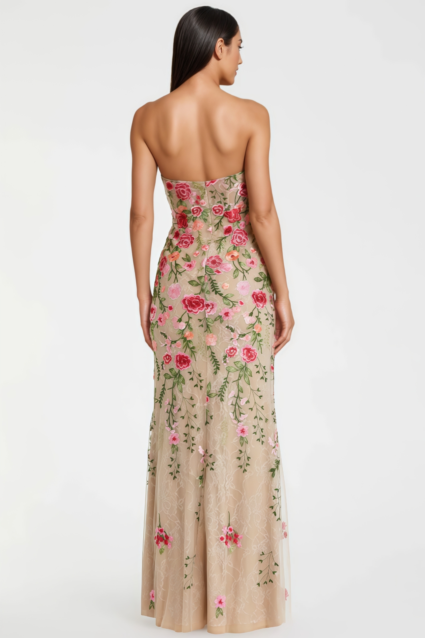 Vlore Beige Embroidered Strapless Maxi Dress