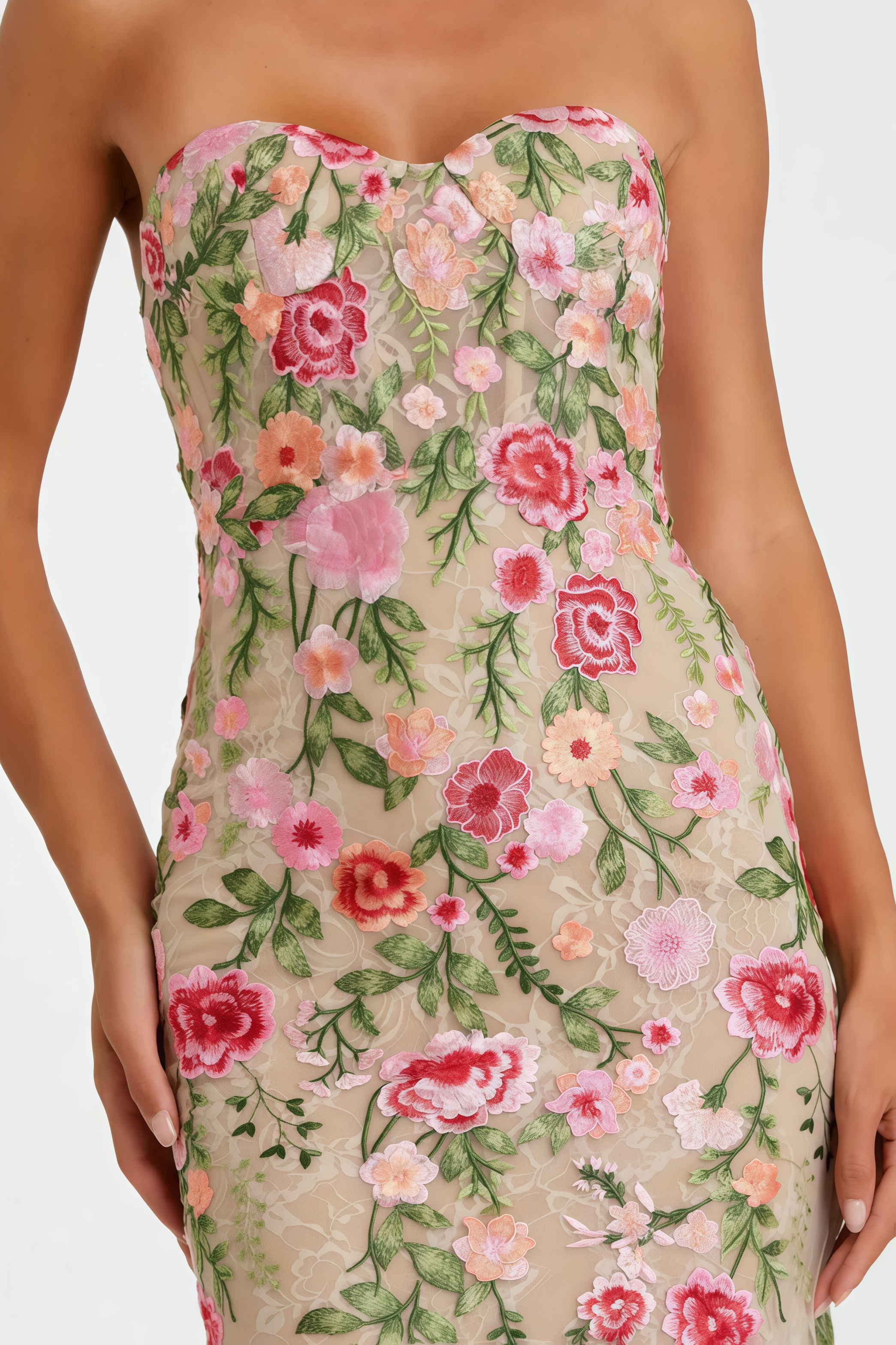 Vlore Beige Embroidered Strapless Maxi Dress