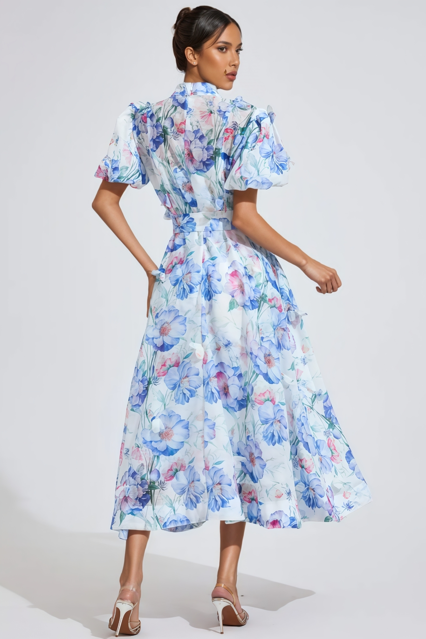 Baian Blue Short Sleeve Floral Midi Dress