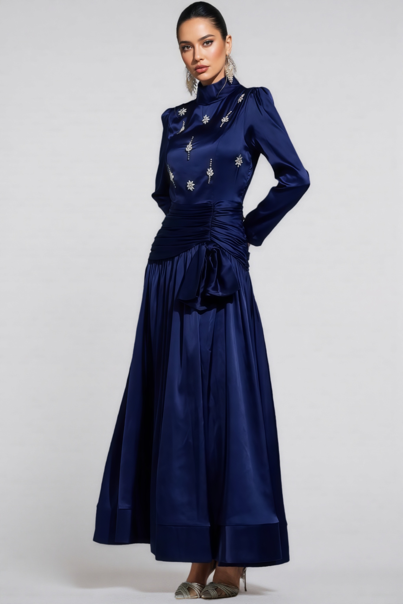 Buenx Blue Long Sleeve Diamond Maxi Dress