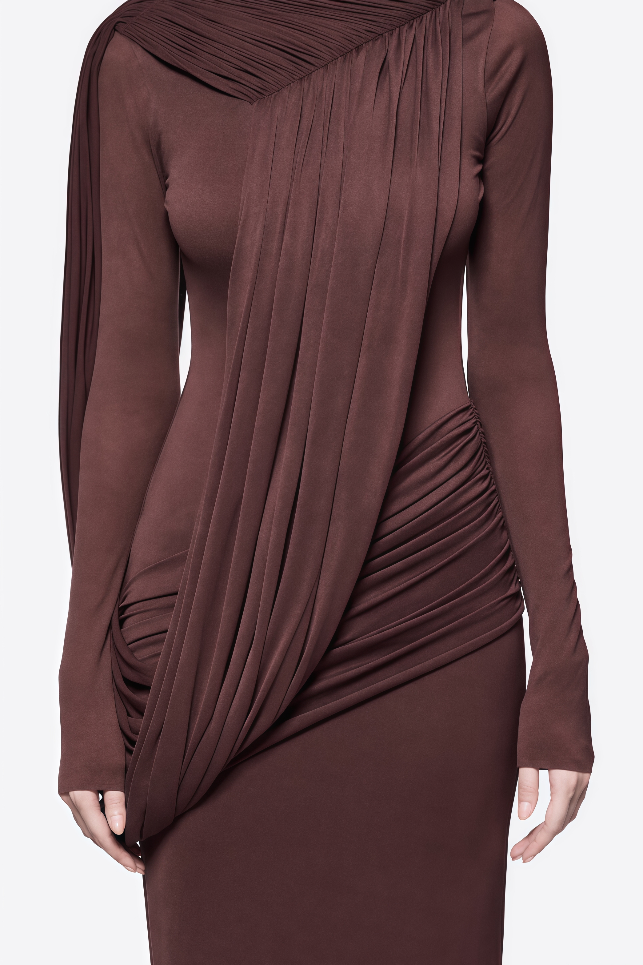 Goyvin Brown Long Sleeve Mesh Maxi Dress