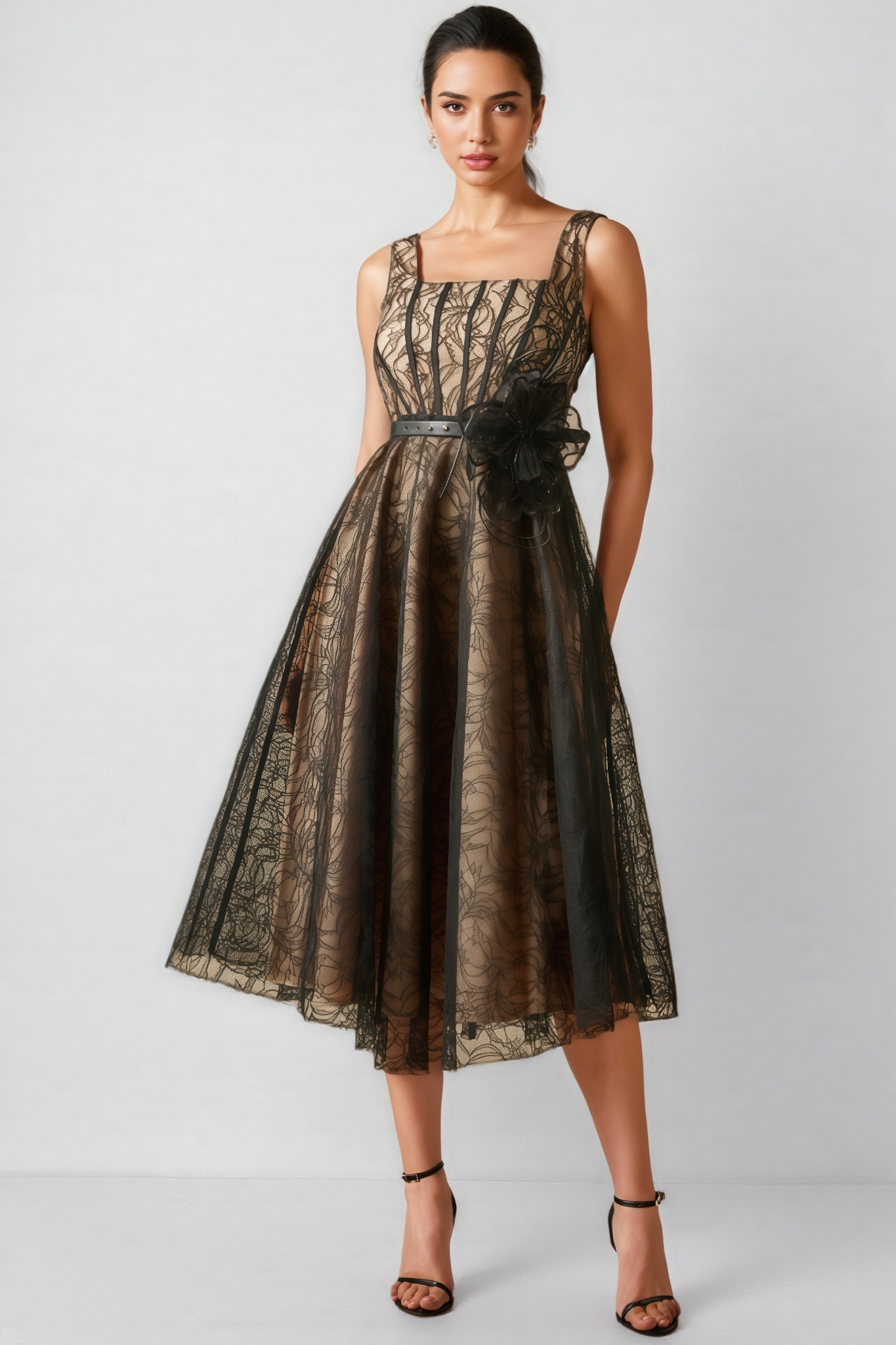 Eloise Floral Applique Lace Overlay Midi Dress