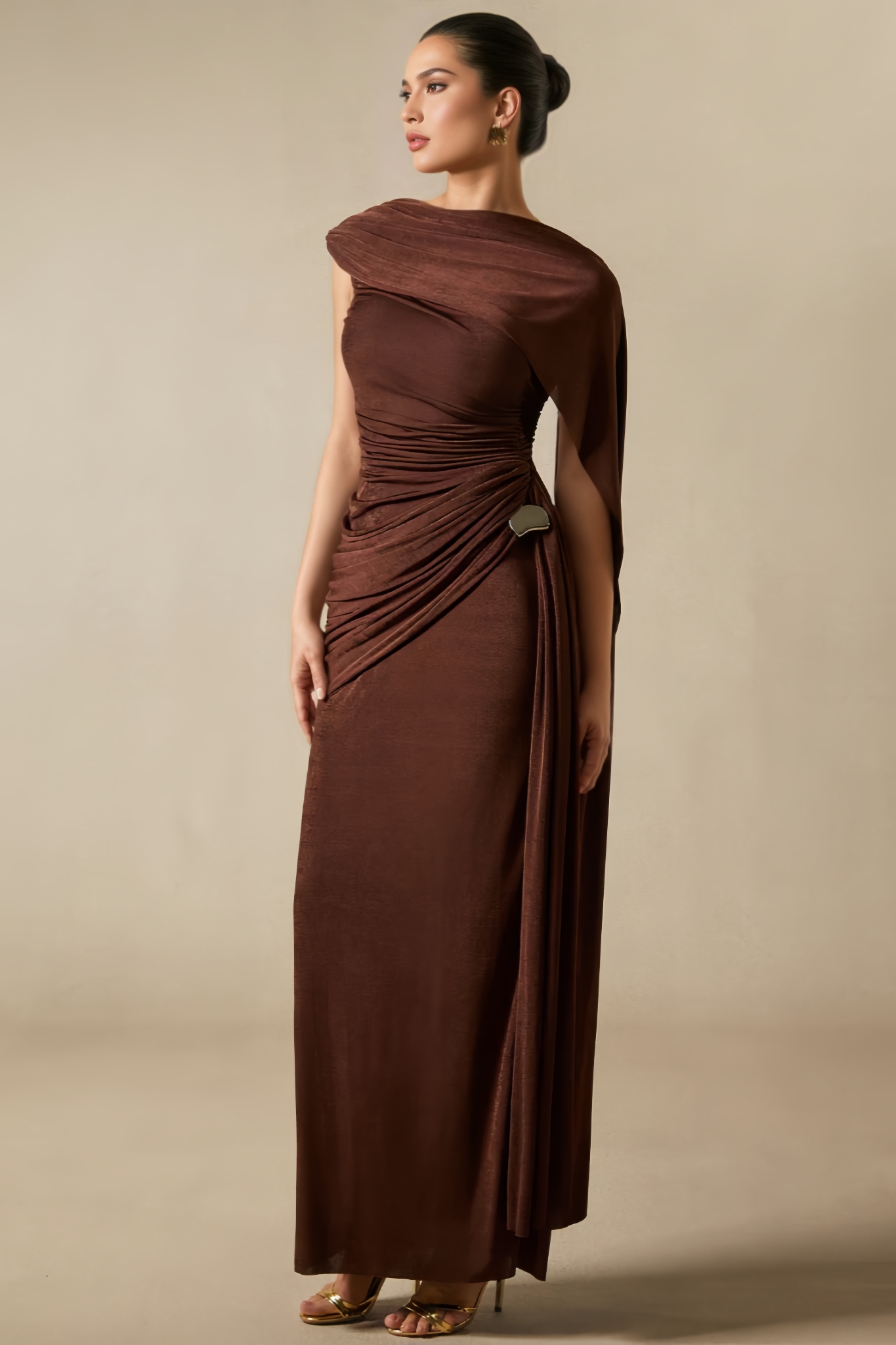 Siam Brown One Shoulder Draped Maxi Dress