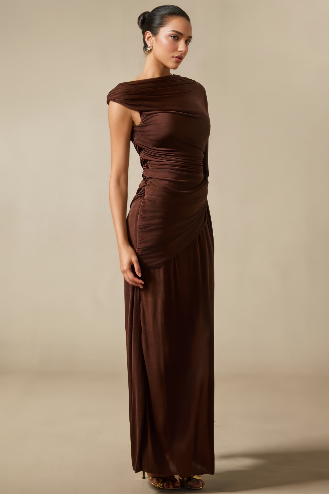 Siam Brown One Shoulder Draped Maxi Dress