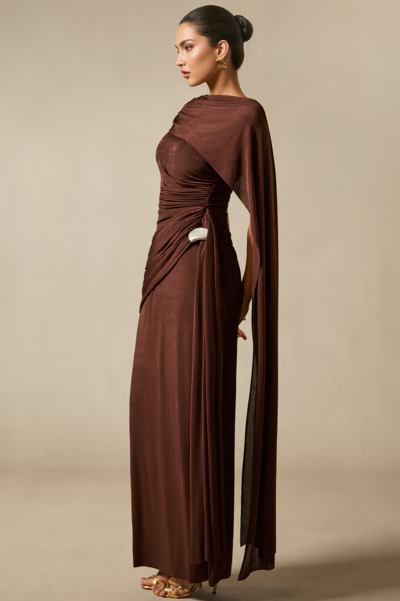 Siam Brown One Shoulder Draped Maxi Dress