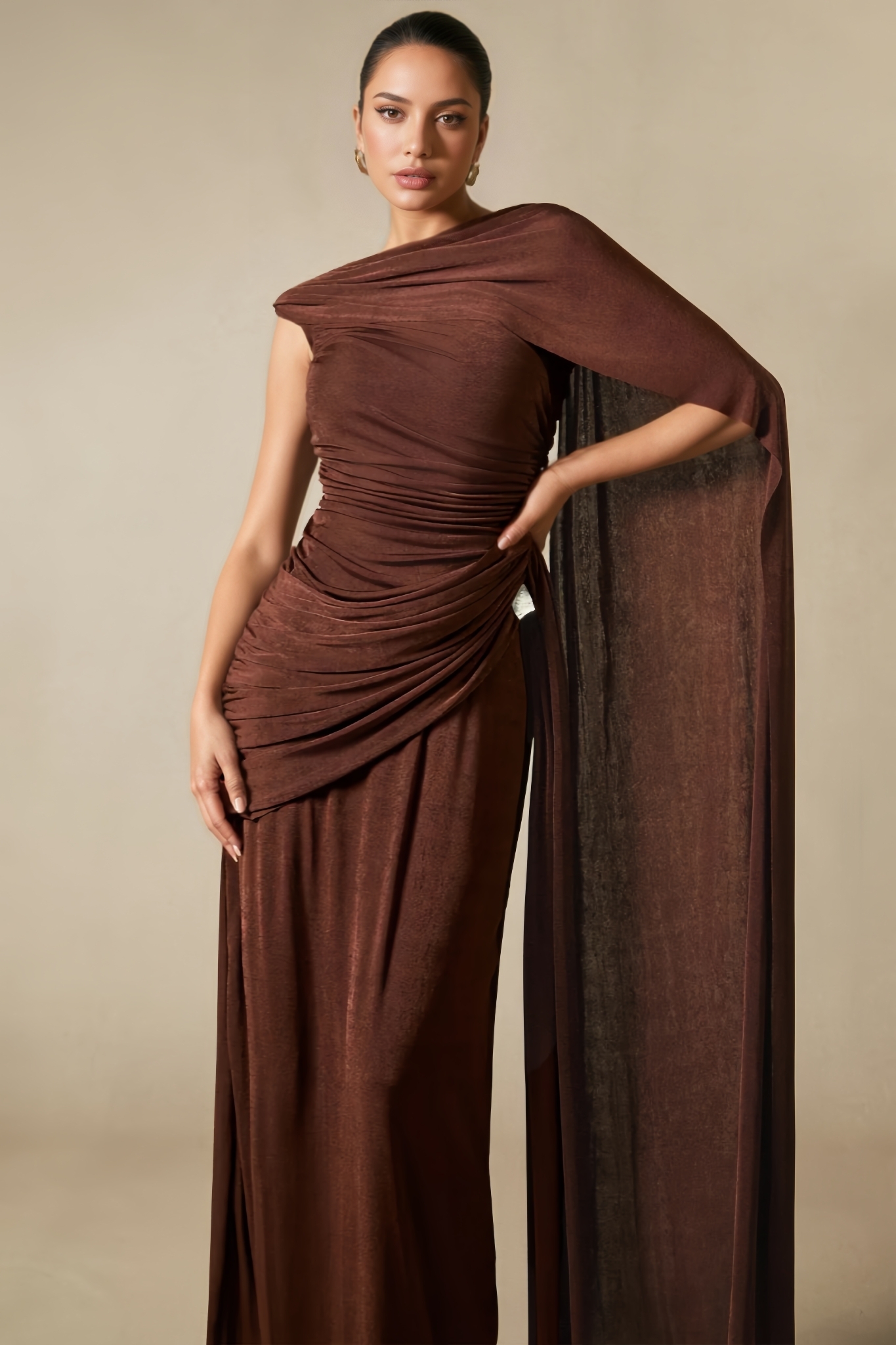 Siam Brown One Shoulder Draped Maxi Dress