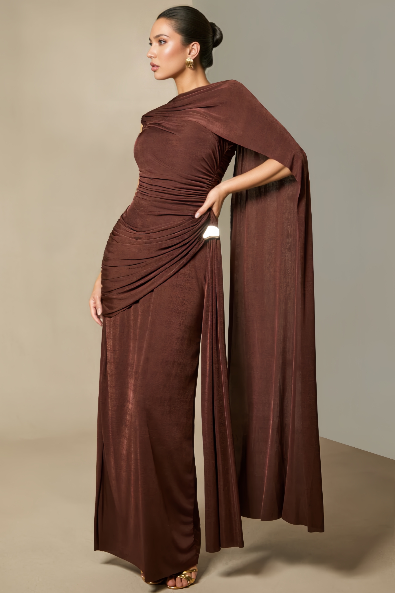 Siam Brown One Shoulder Draped Maxi Dress