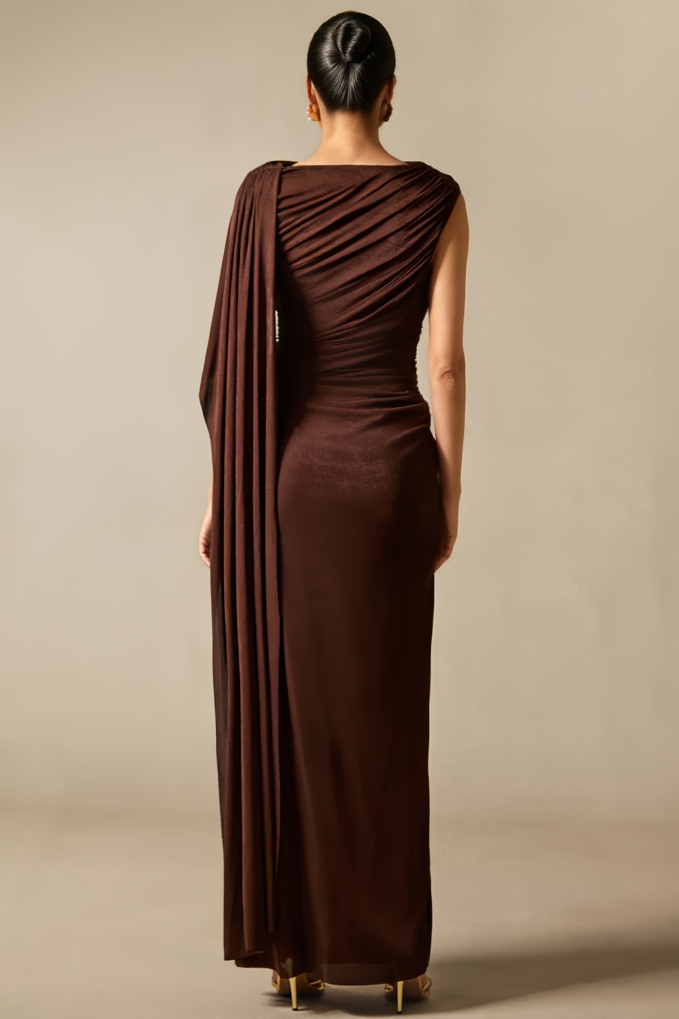 Siam Brown One Shoulder Draped Maxi Dress