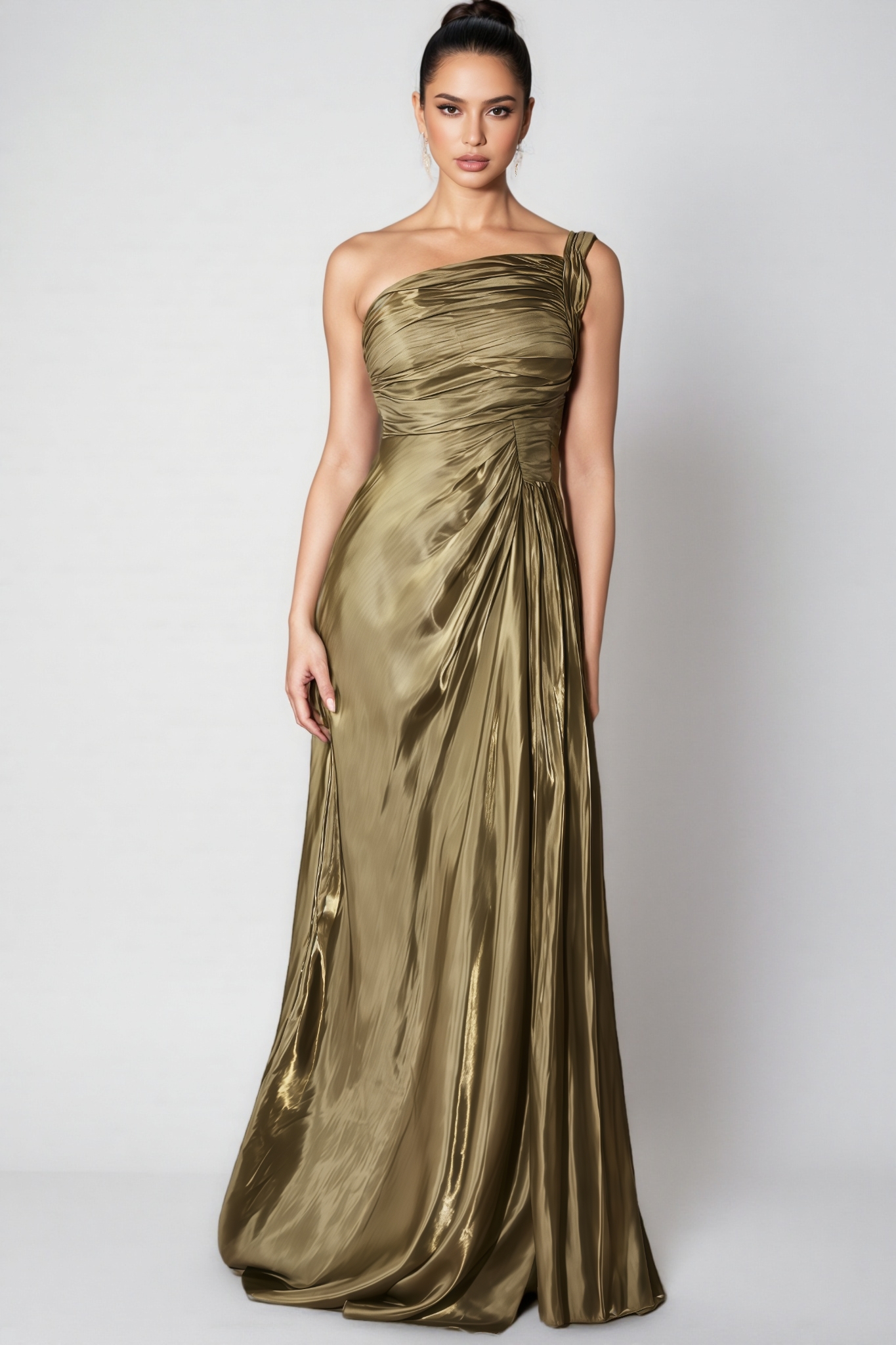 Krosen Green One Shoulder Pleated Maxi Dress