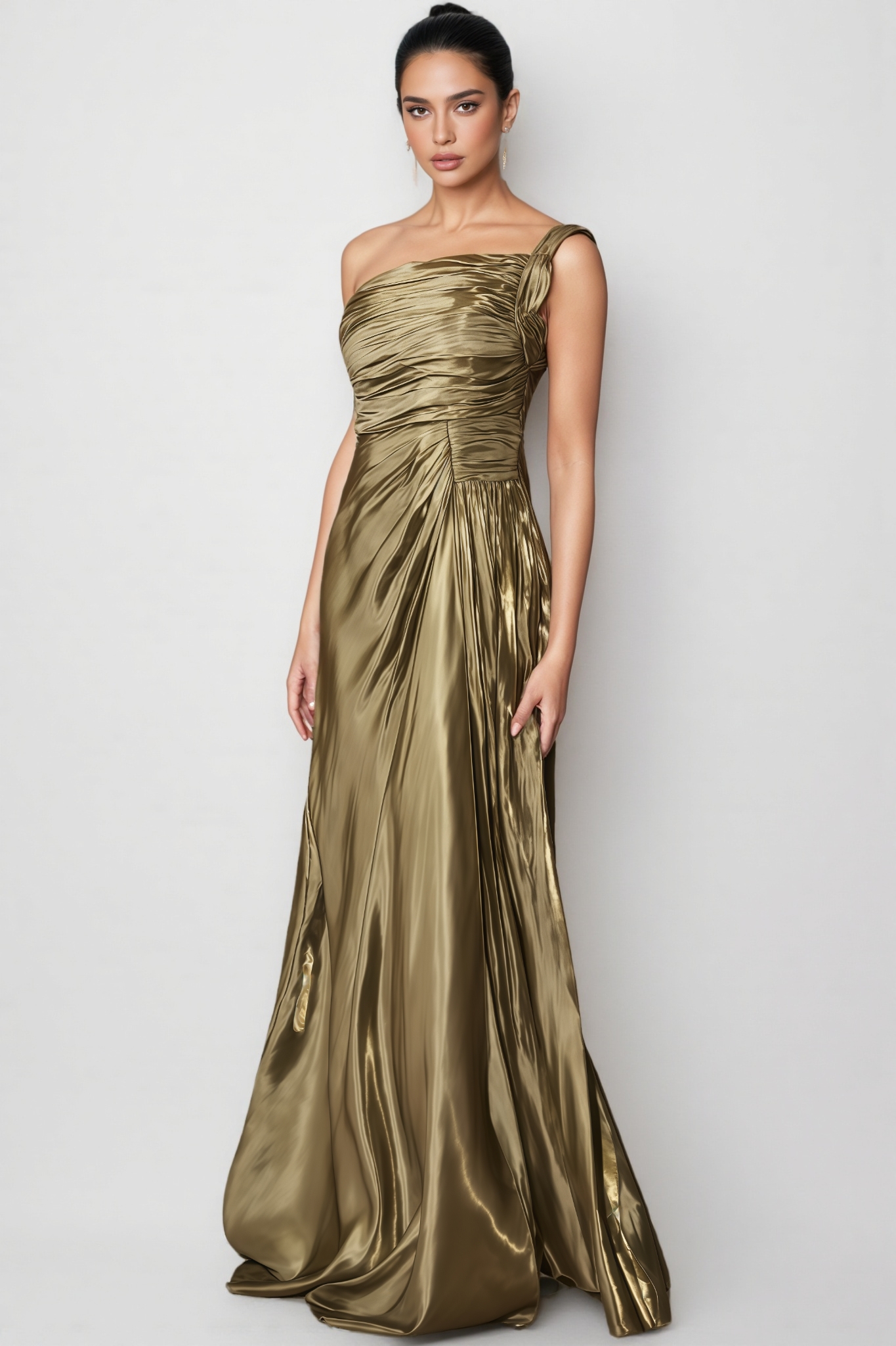 Krosen Green One Shoulder Pleated Maxi Dress