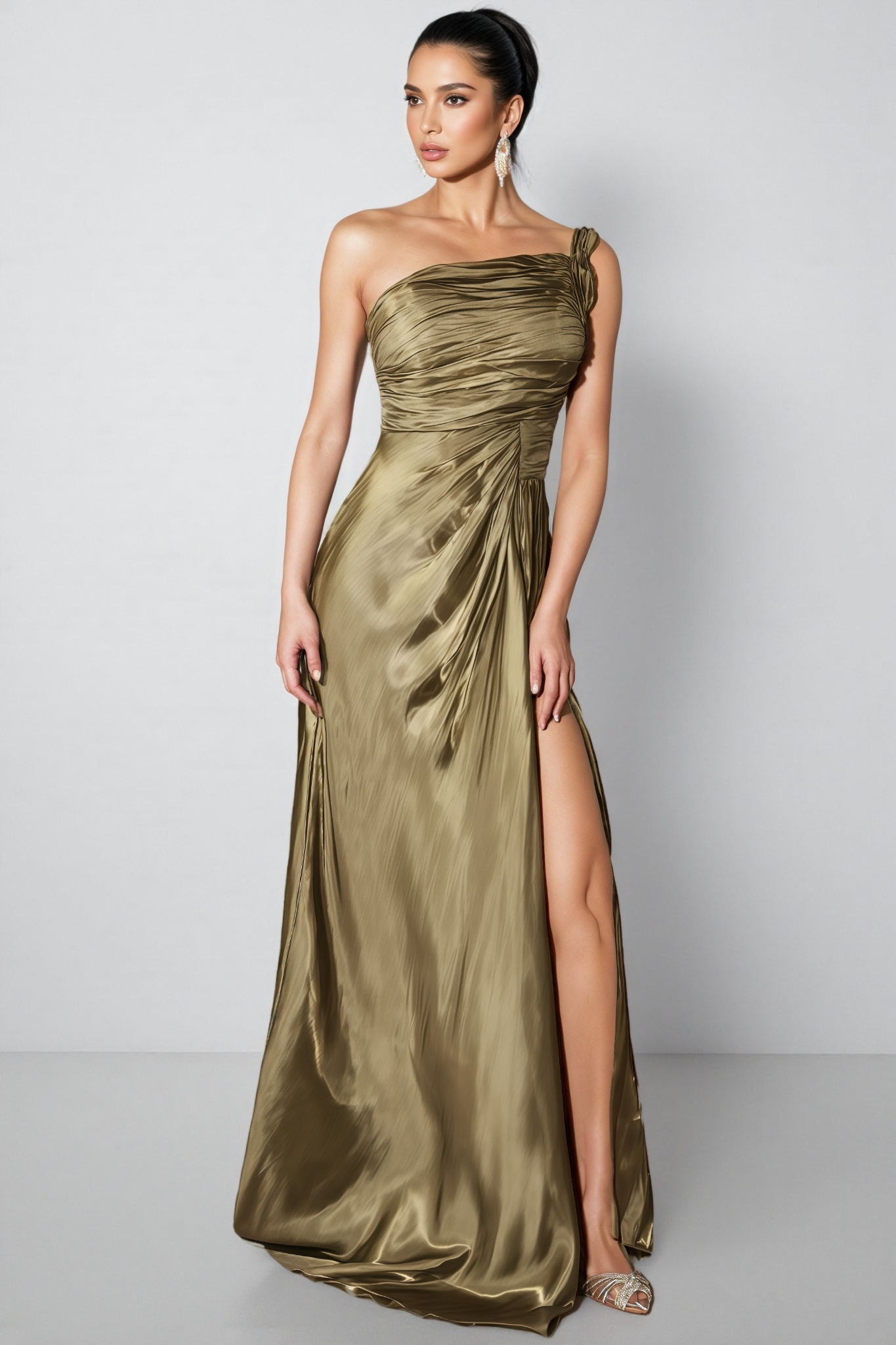 Krosen Green One Shoulder Pleated Maxi Dress