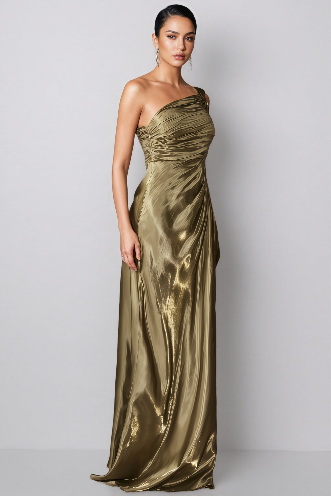 Krosen Green One Shoulder Pleated Maxi Dress