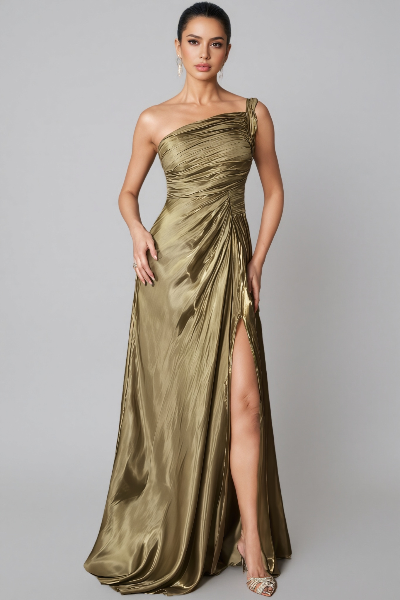 Krosen Green One Shoulder Pleated Maxi Dress