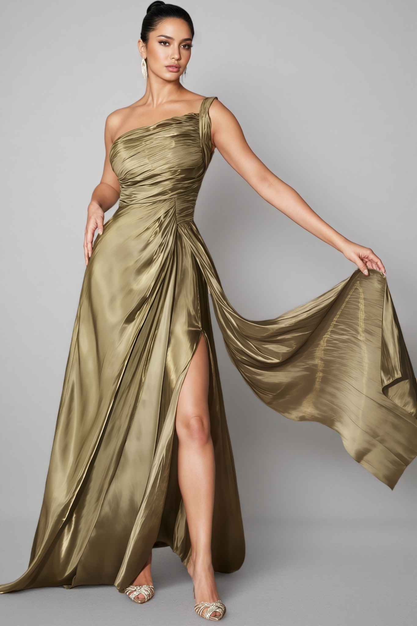 Krosen Green One Shoulder Pleated Maxi Dress
