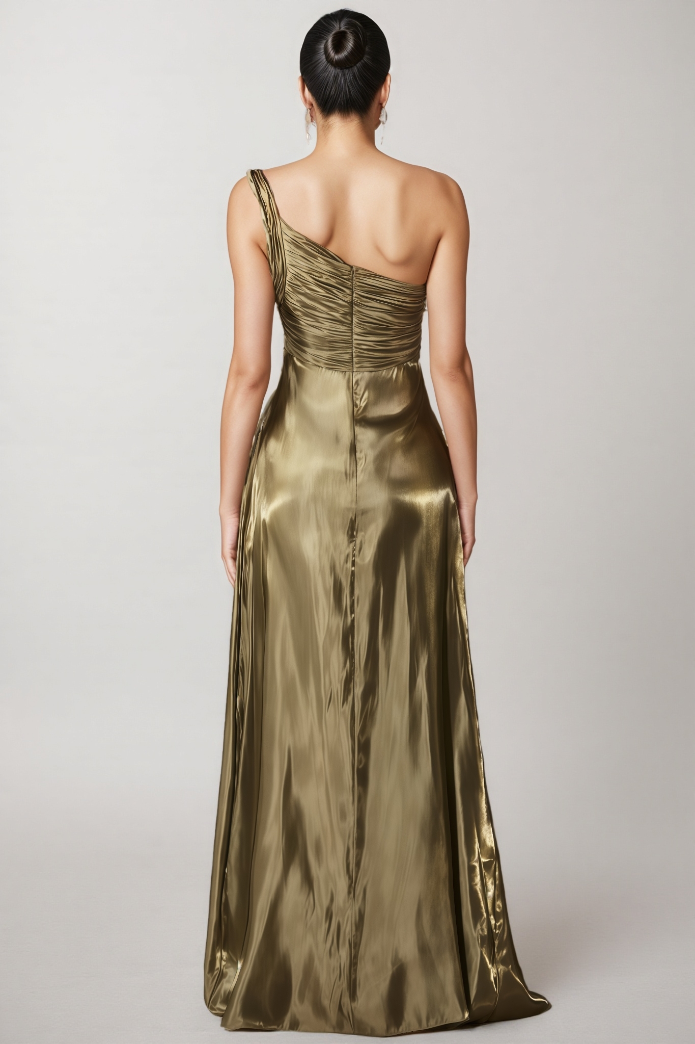 Krosen Green One Shoulder Pleated Maxi Dress