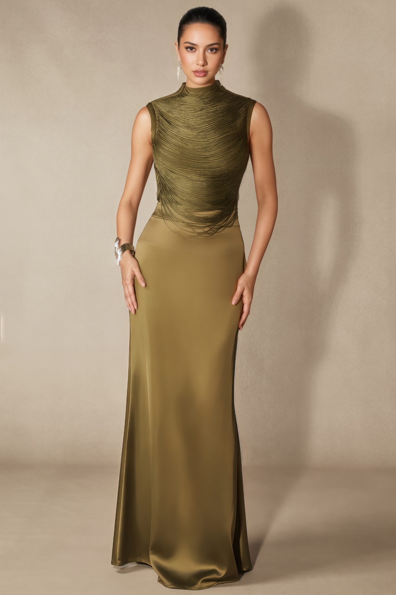 Fayie Sleeveless Beaded Crop Top Maxi Dress Set