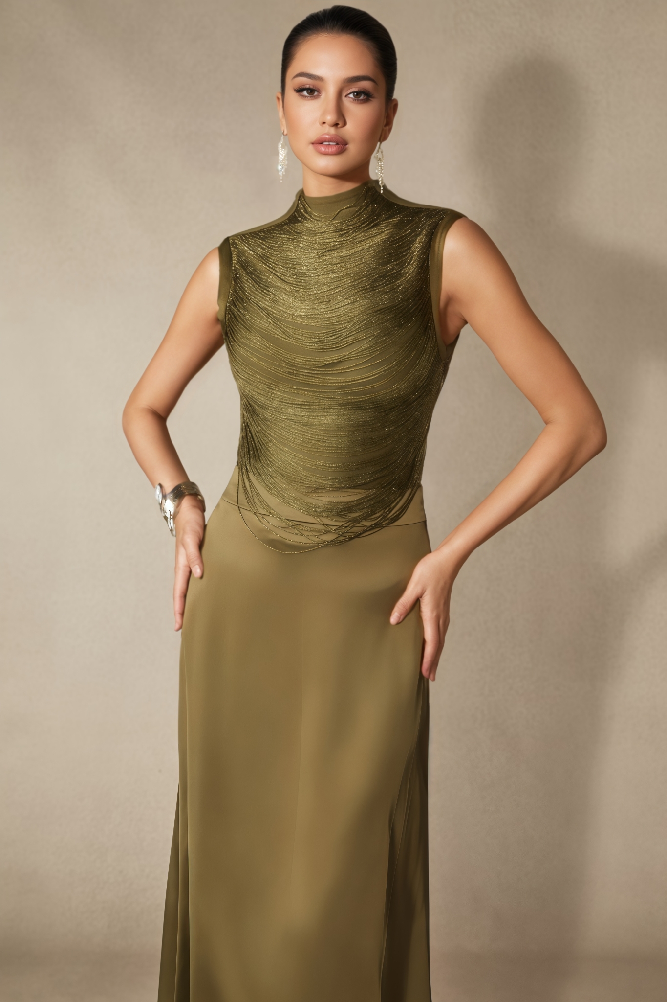 Fayie Sleeveless Beaded Crop Top Maxi Dress Set