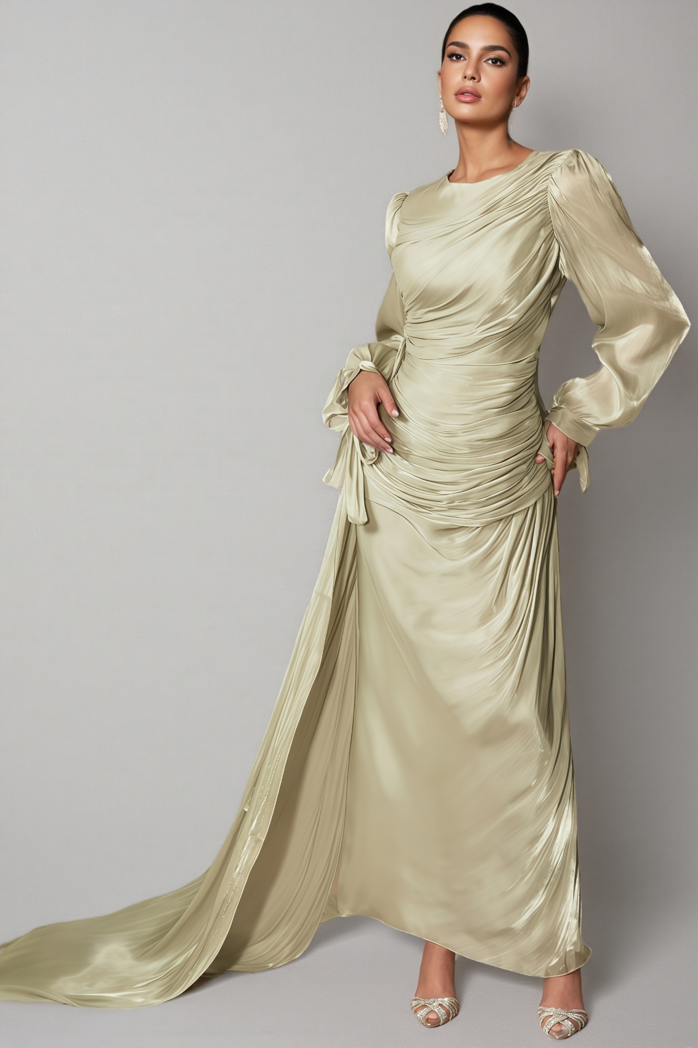 Nala Green Lantern Sleeve Ruched Maxi Dress