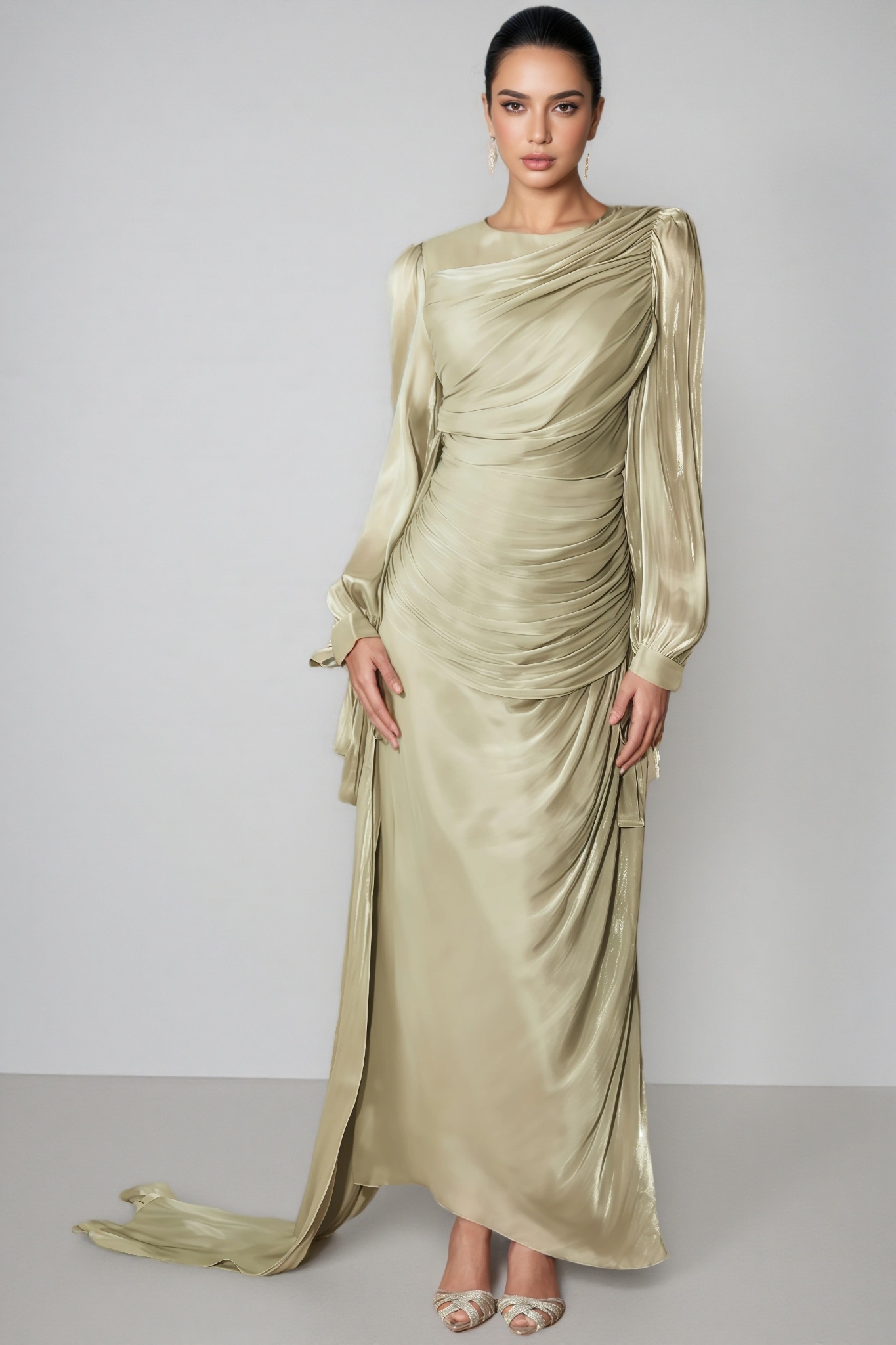 Nala Green Lantern Sleeve Ruched Maxi Dress