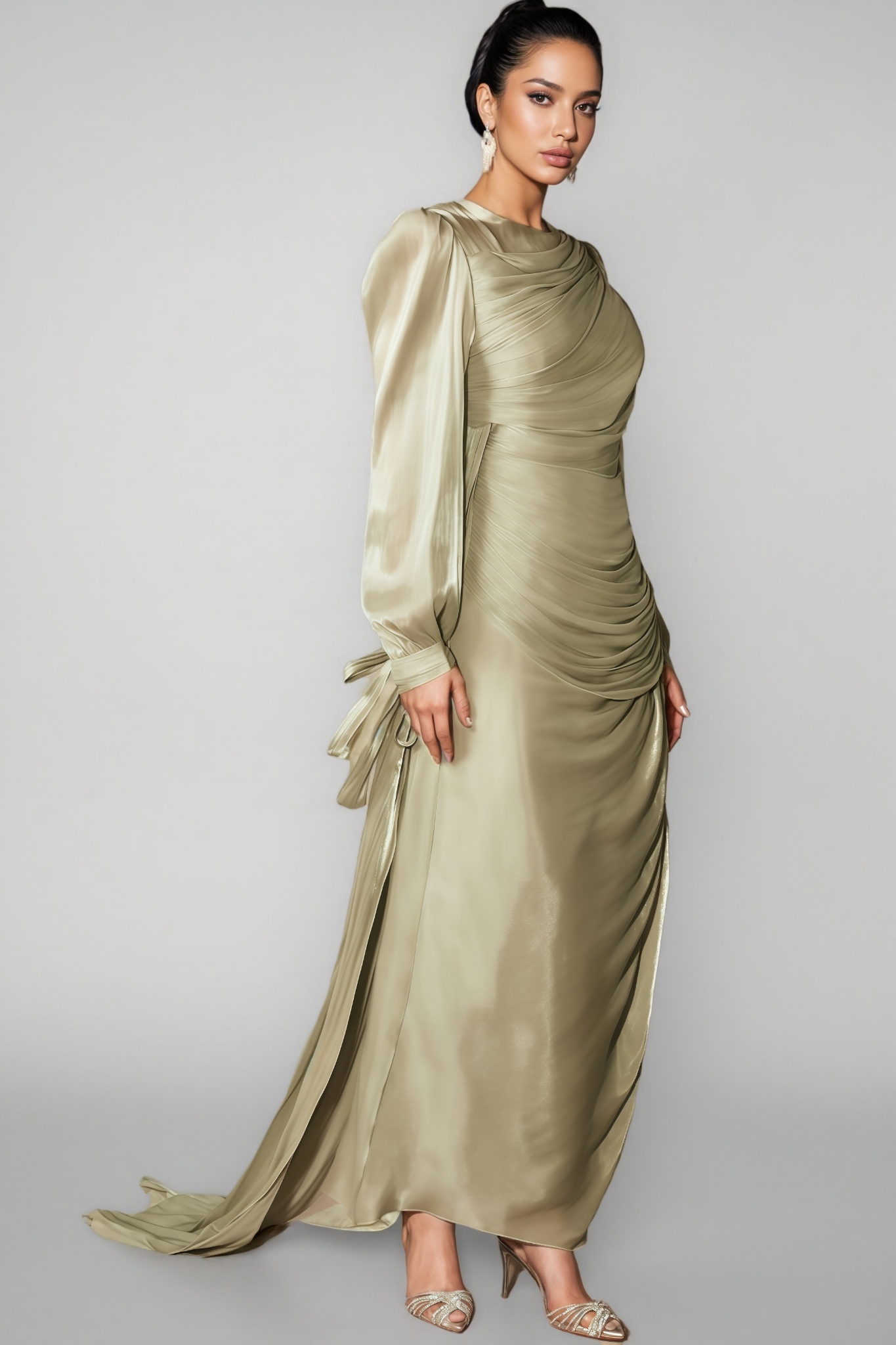 Nala Green Lantern Sleeve Ruched Maxi Dress