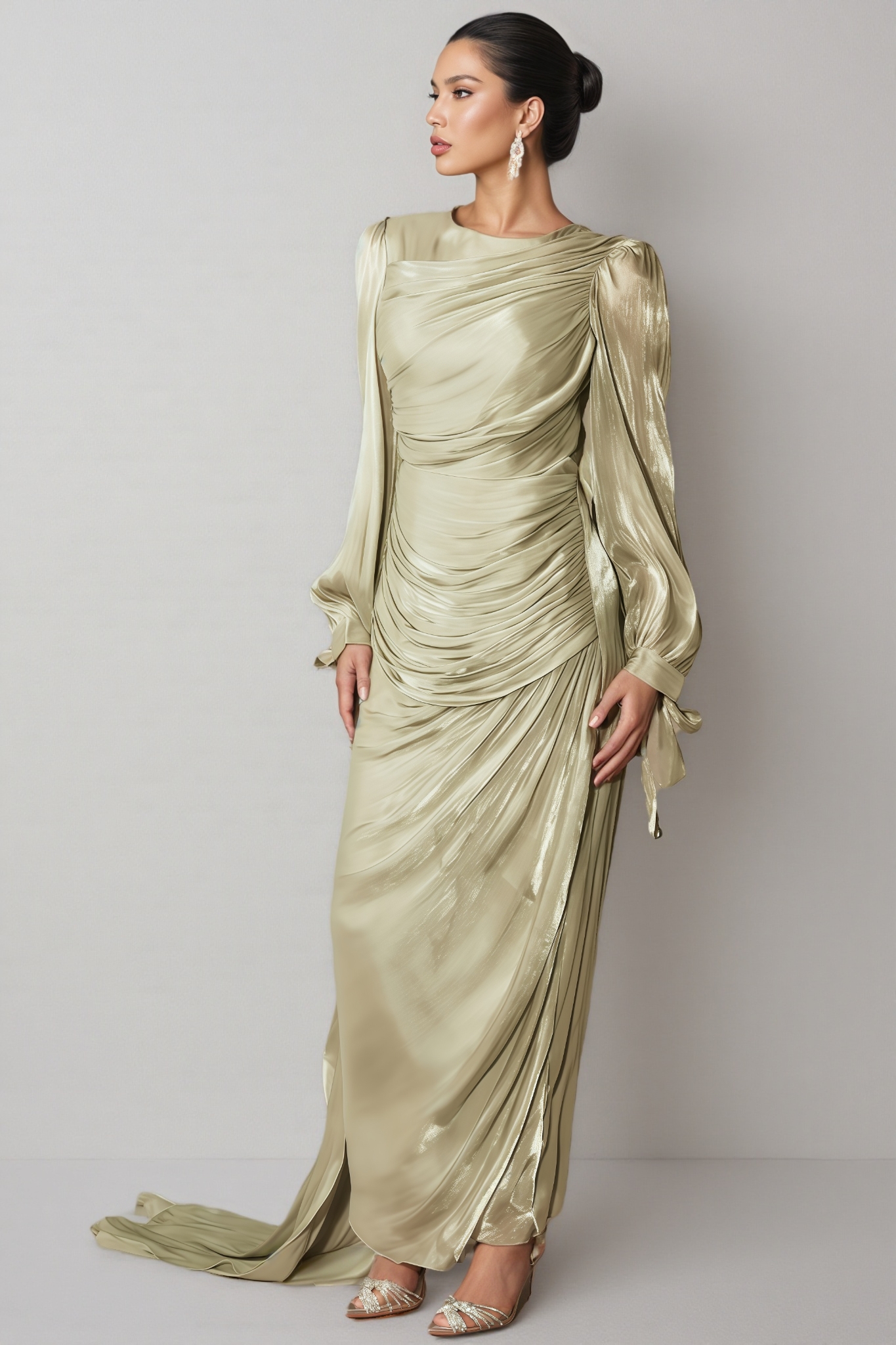 Nala Green Lantern Sleeve Ruched Maxi Dress