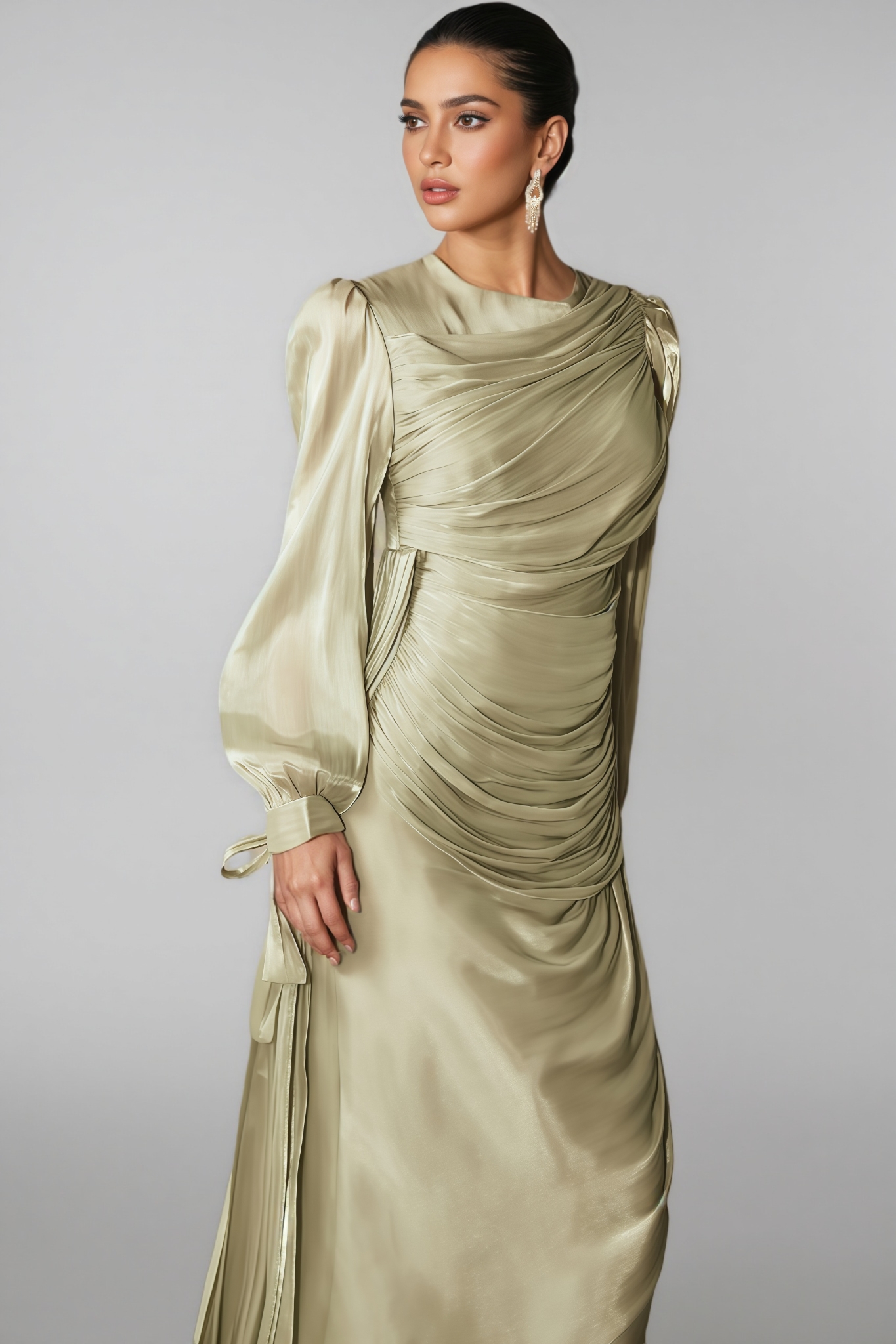 Nala Green Lantern Sleeve Ruched Maxi Dress
