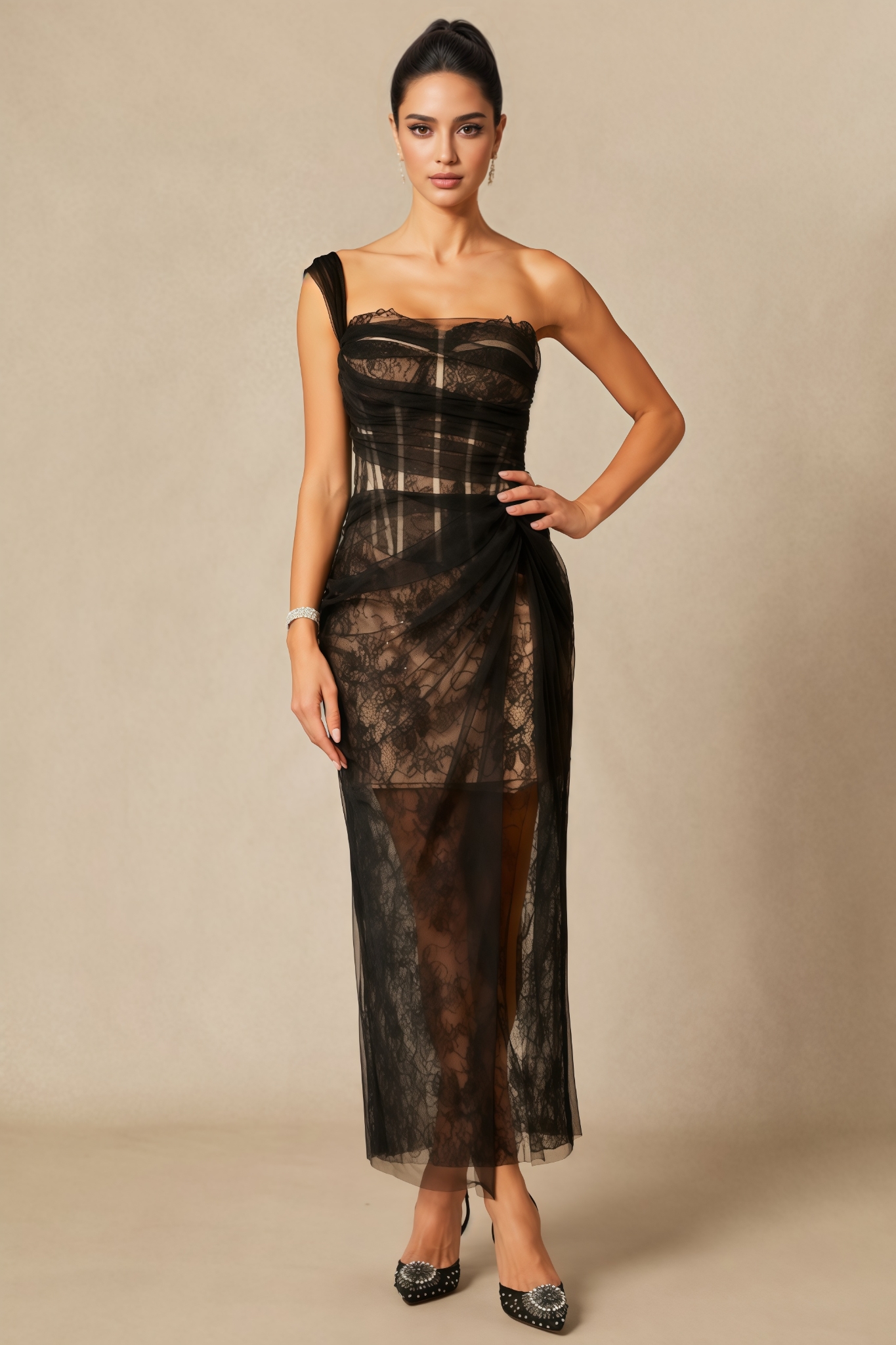 Ezgi One Shoulder Corset Lace Maxi Dress