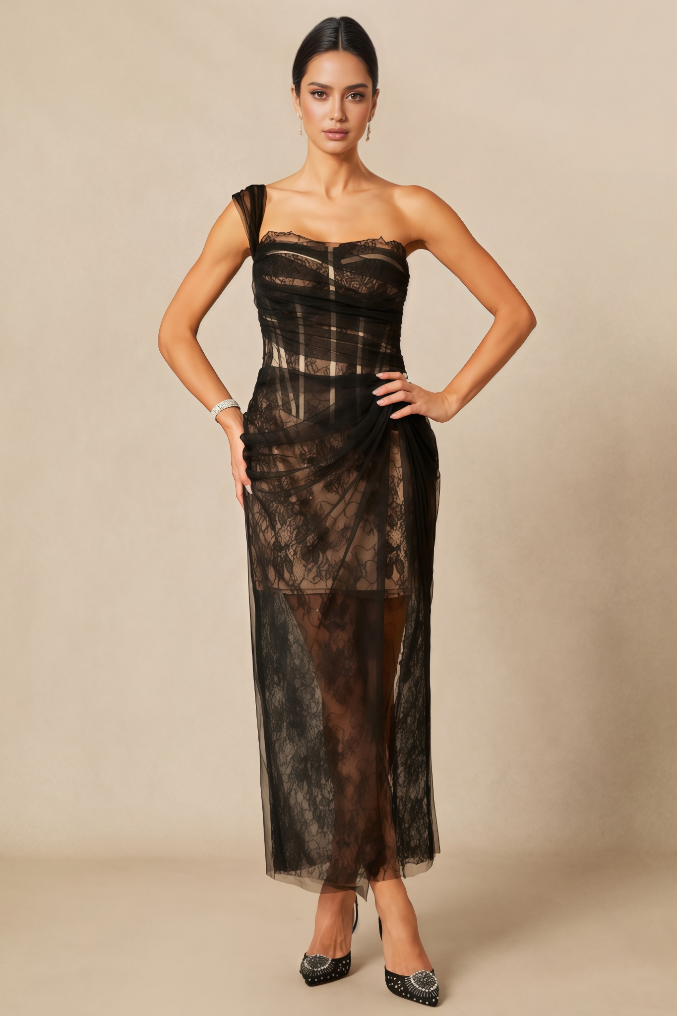 Ezgi One Shoulder Corset Lace Maxi Dress
