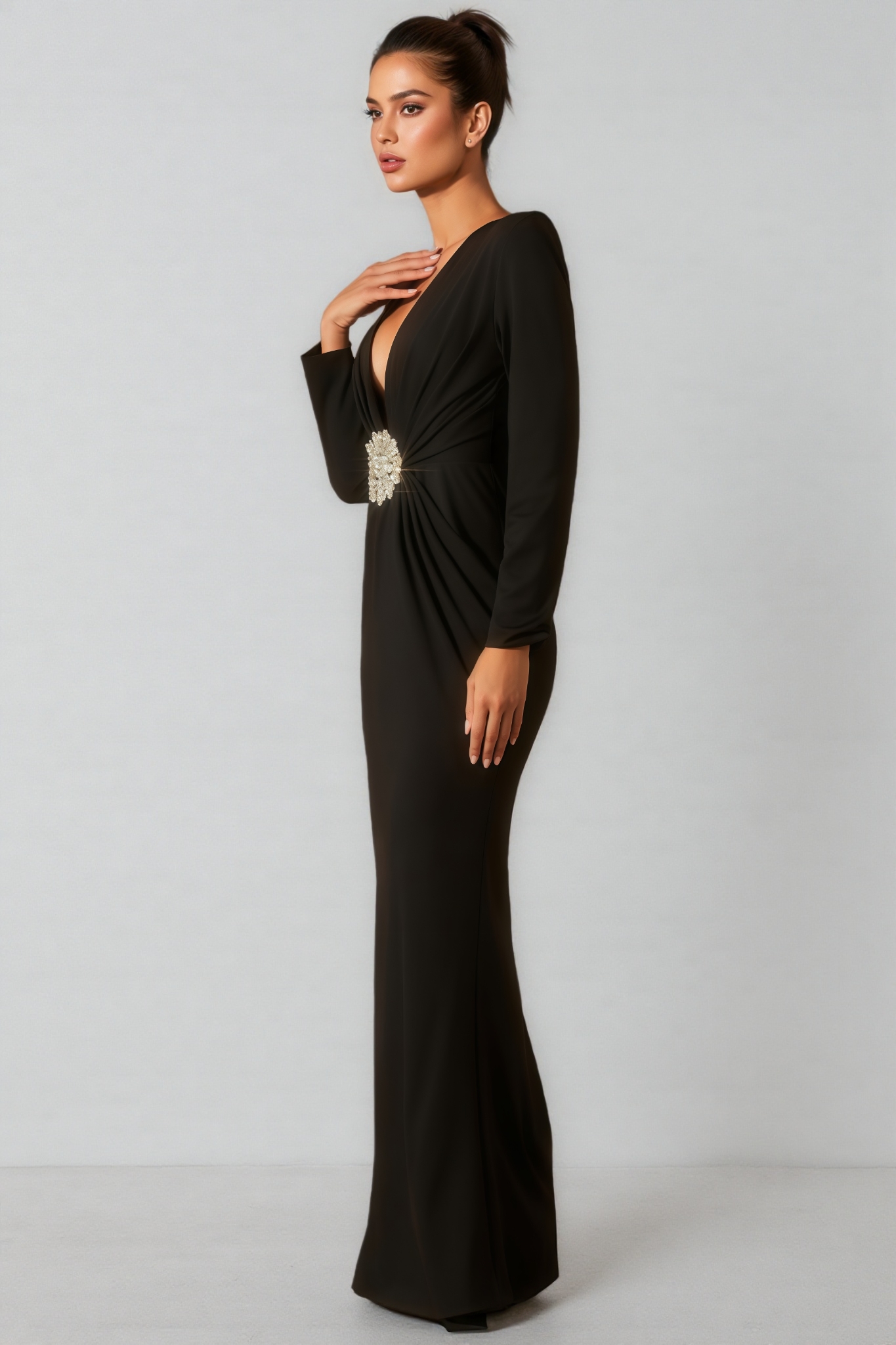Alexia Deep V Neck Crystal Maxi Dress