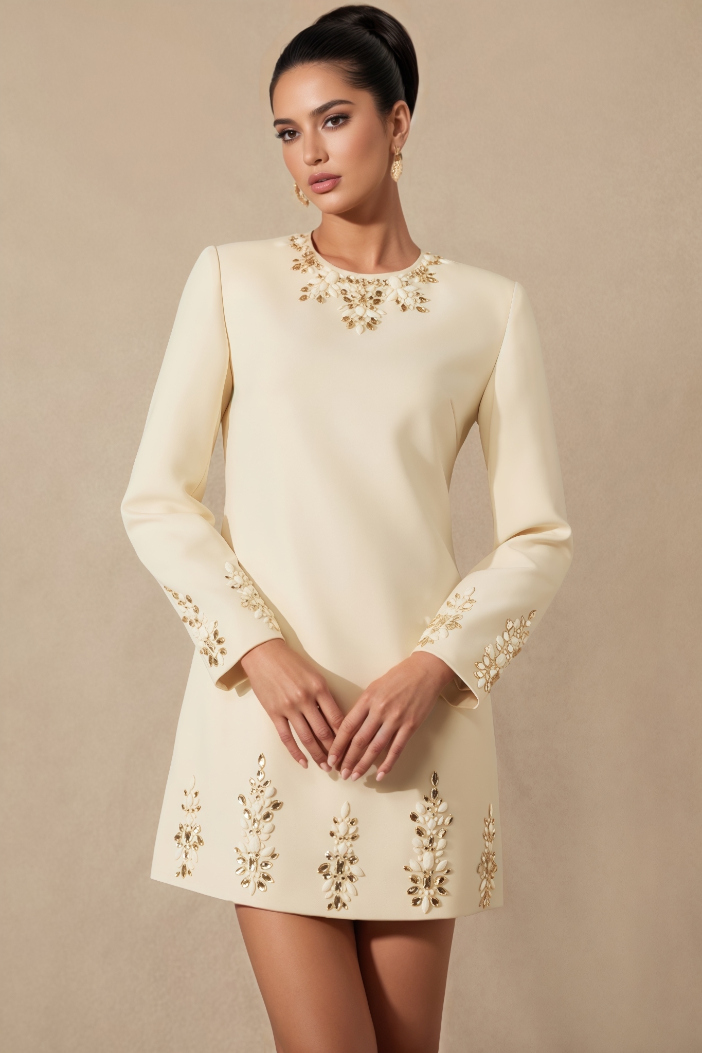Qyra Embellished Neckline Long Sleeve Mini Dress