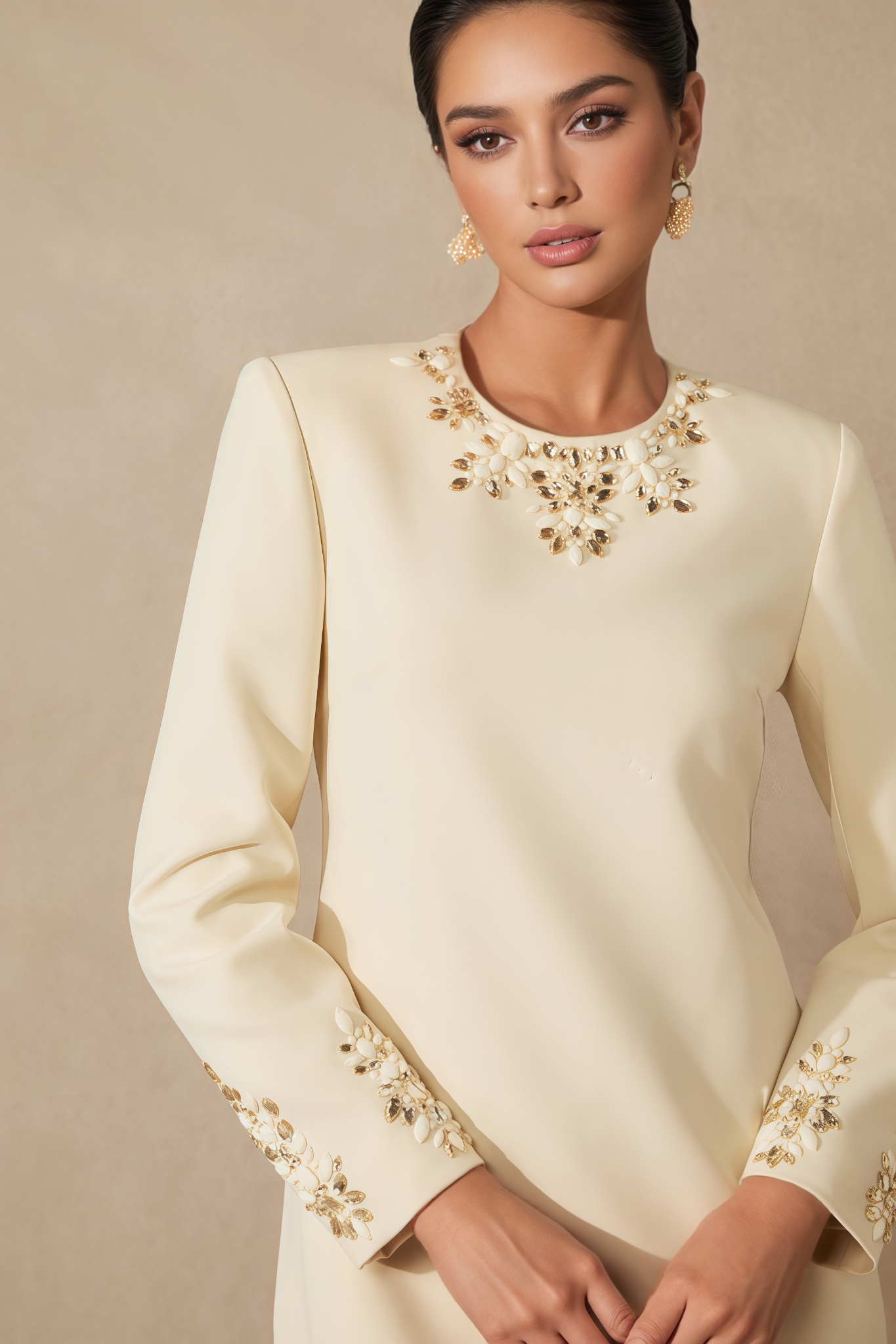 Qyra Embellished Neckline Long Sleeve Mini Dress