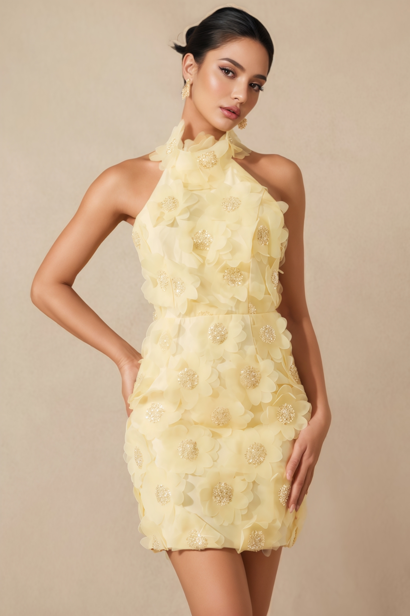 Rrilly Yellow Halter Neck 3D Floral Mini Dress