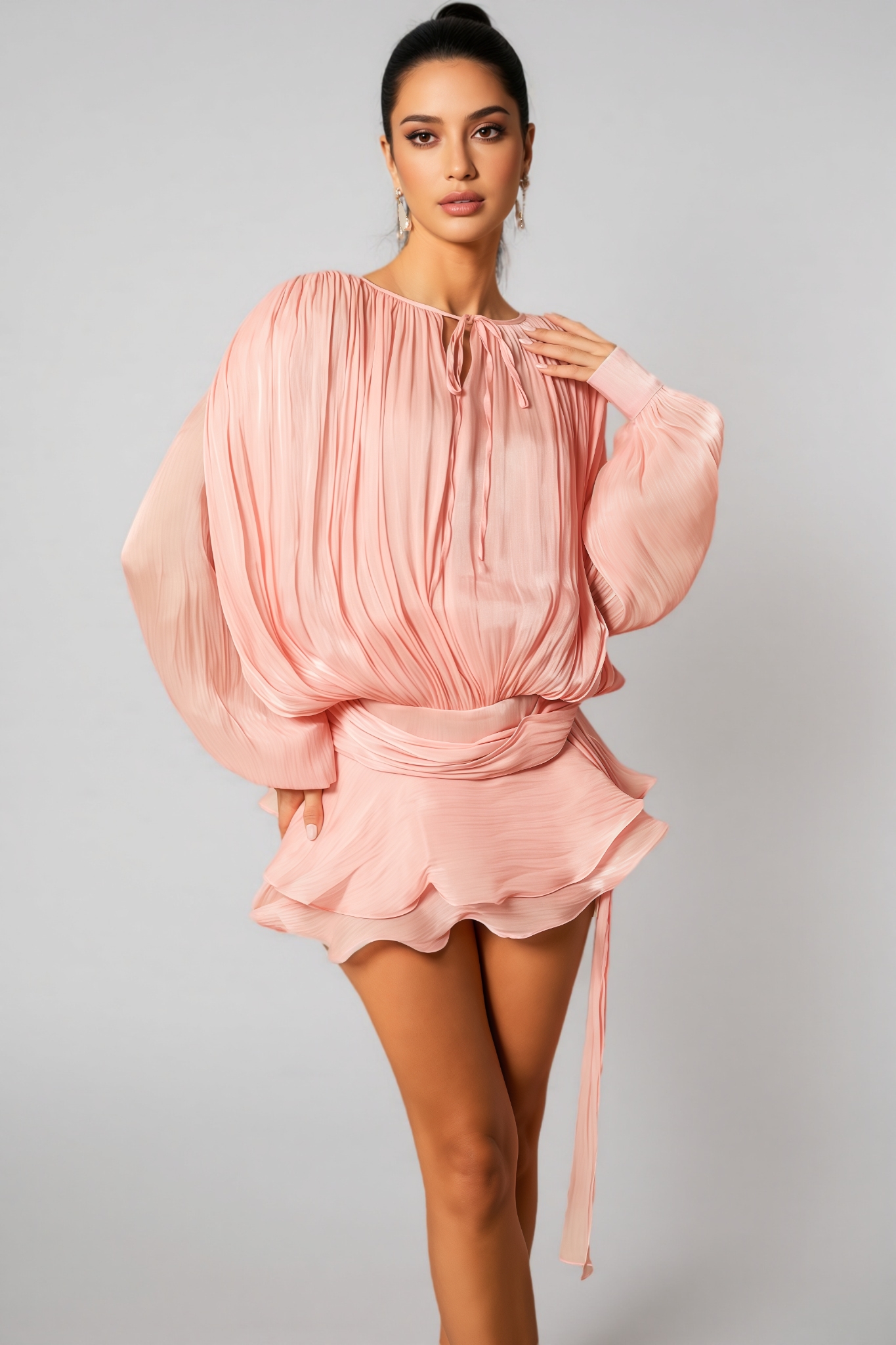 Niavia Pink Pleated Ruffle Hem Mini Dress 