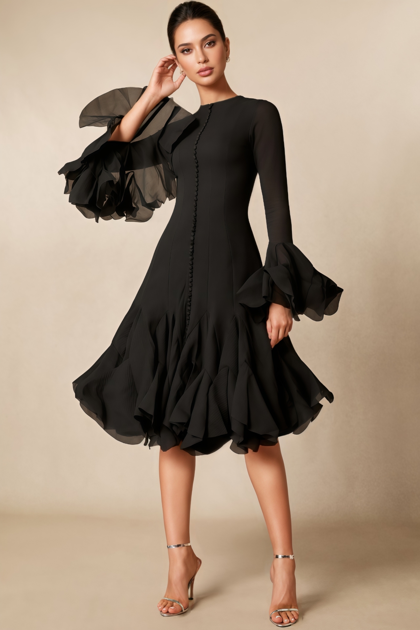 Jaxen Black Flare Sleeve Button Midi Dress