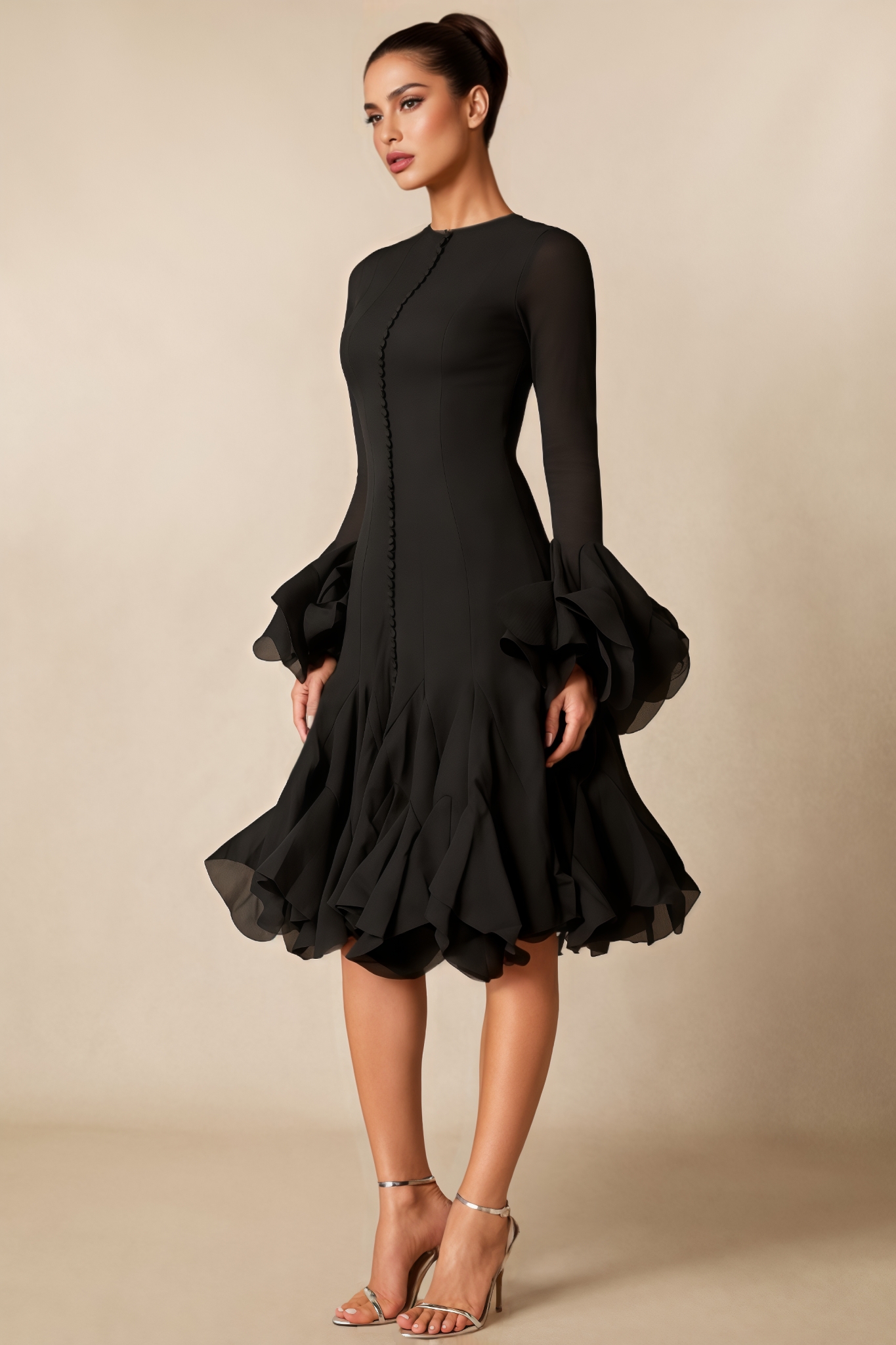 Jaxen Black Flare Sleeve Button Midi Dress