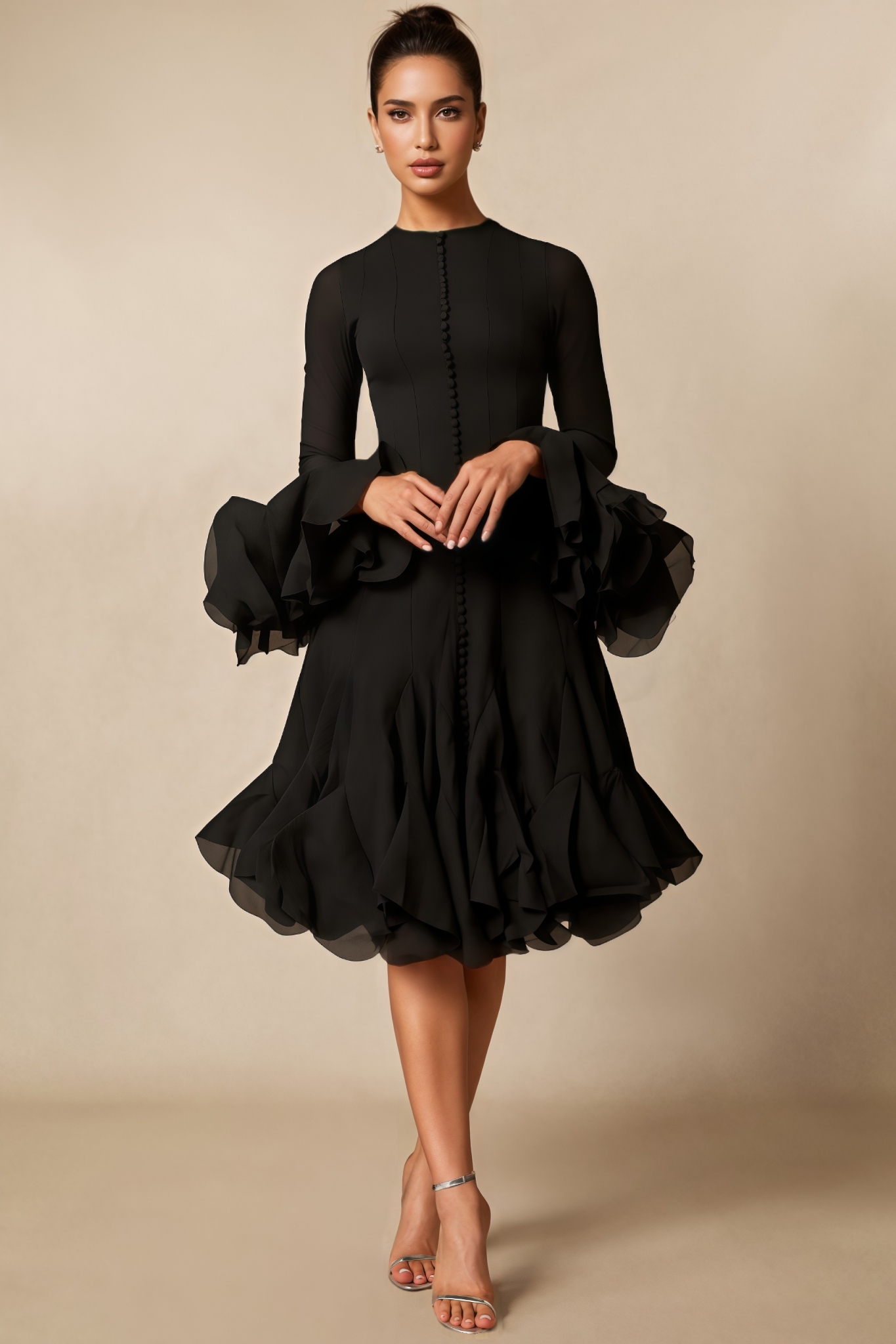 Jaxen Black Flare Sleeve Button Midi Dress