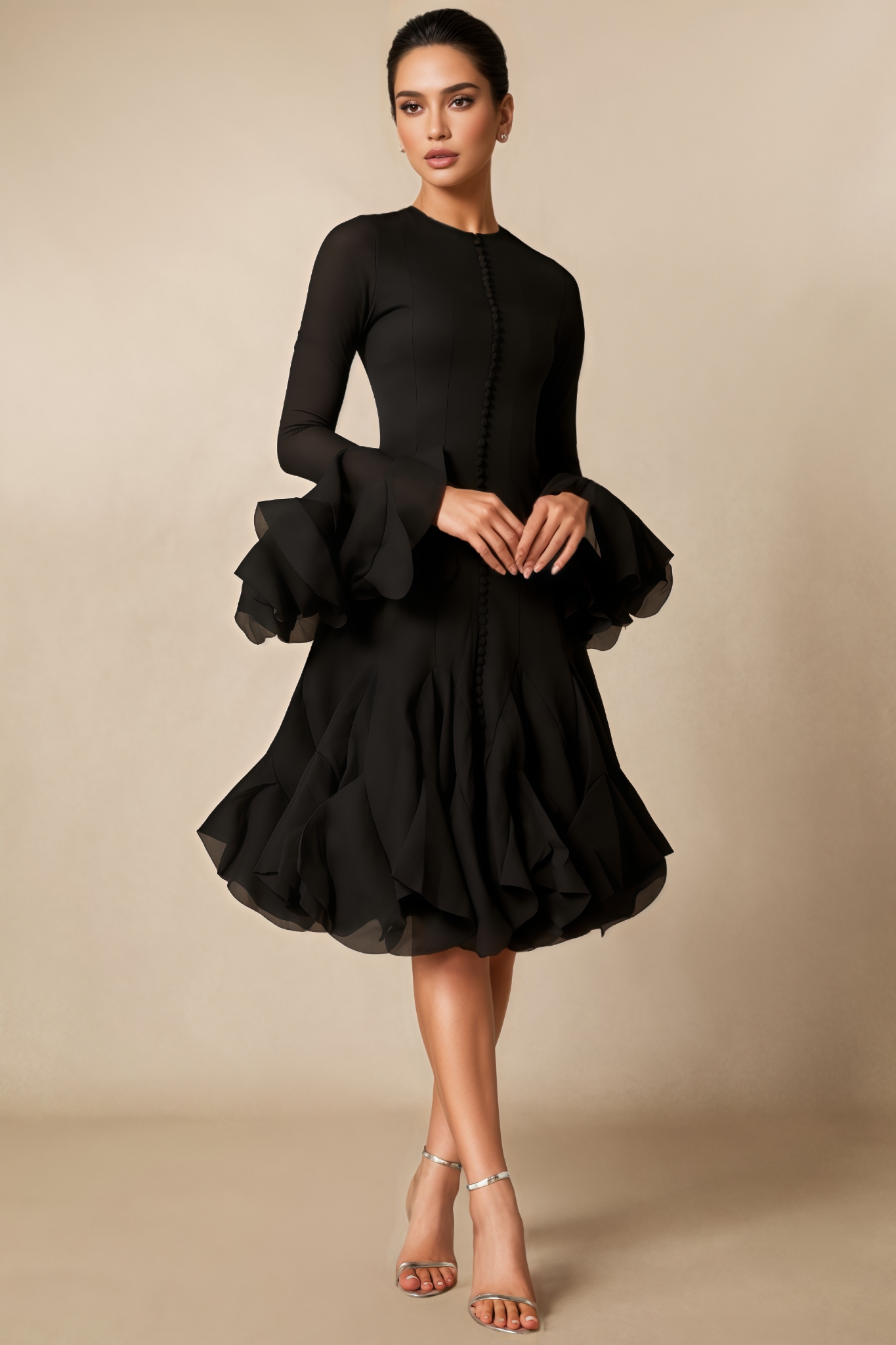 Jaxen Black Flare Sleeve Button Midi Dress