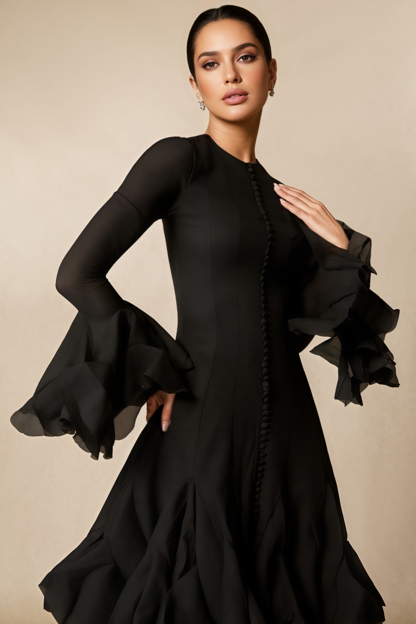 Jaxen Black Flare Sleeve Button Midi Dress