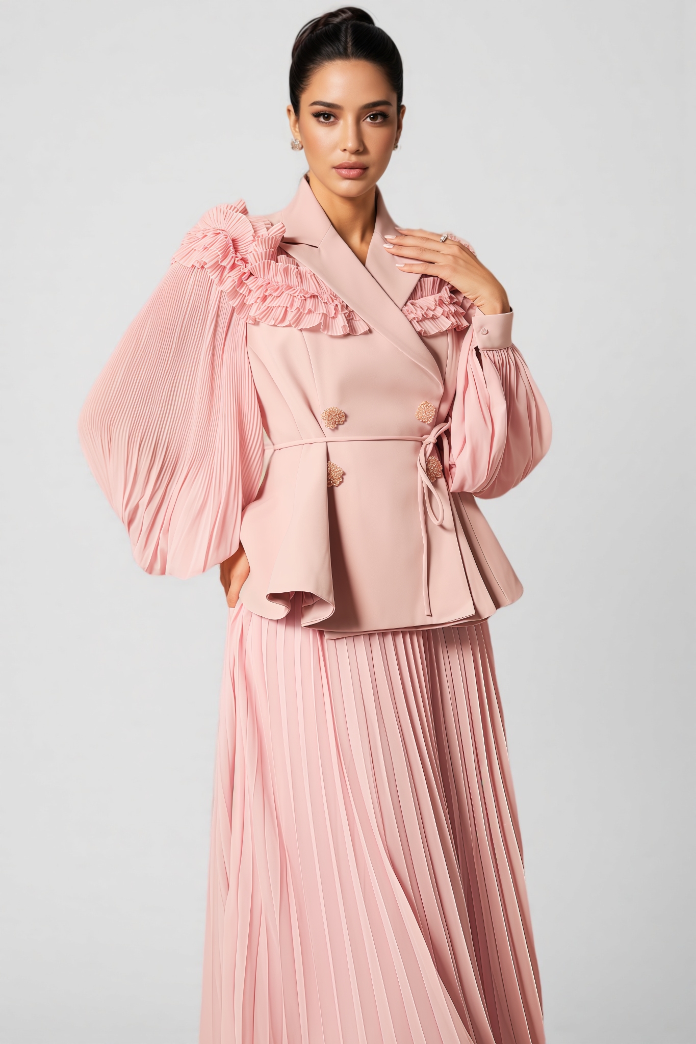 Sorel Double Breasted Pleated Maxi Dress Set