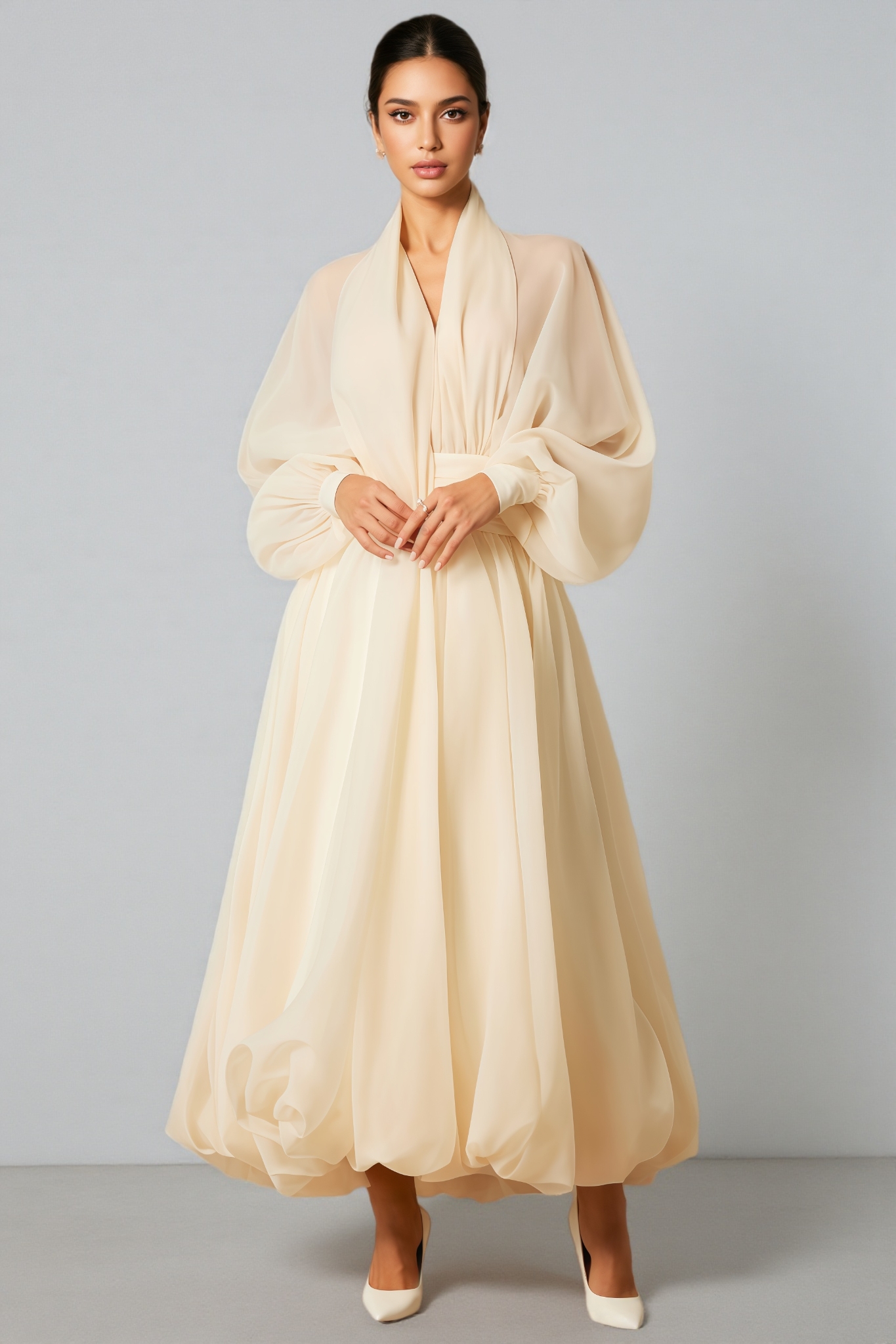 Selma Deep V-neck Puff Sleeve Maxi Dress