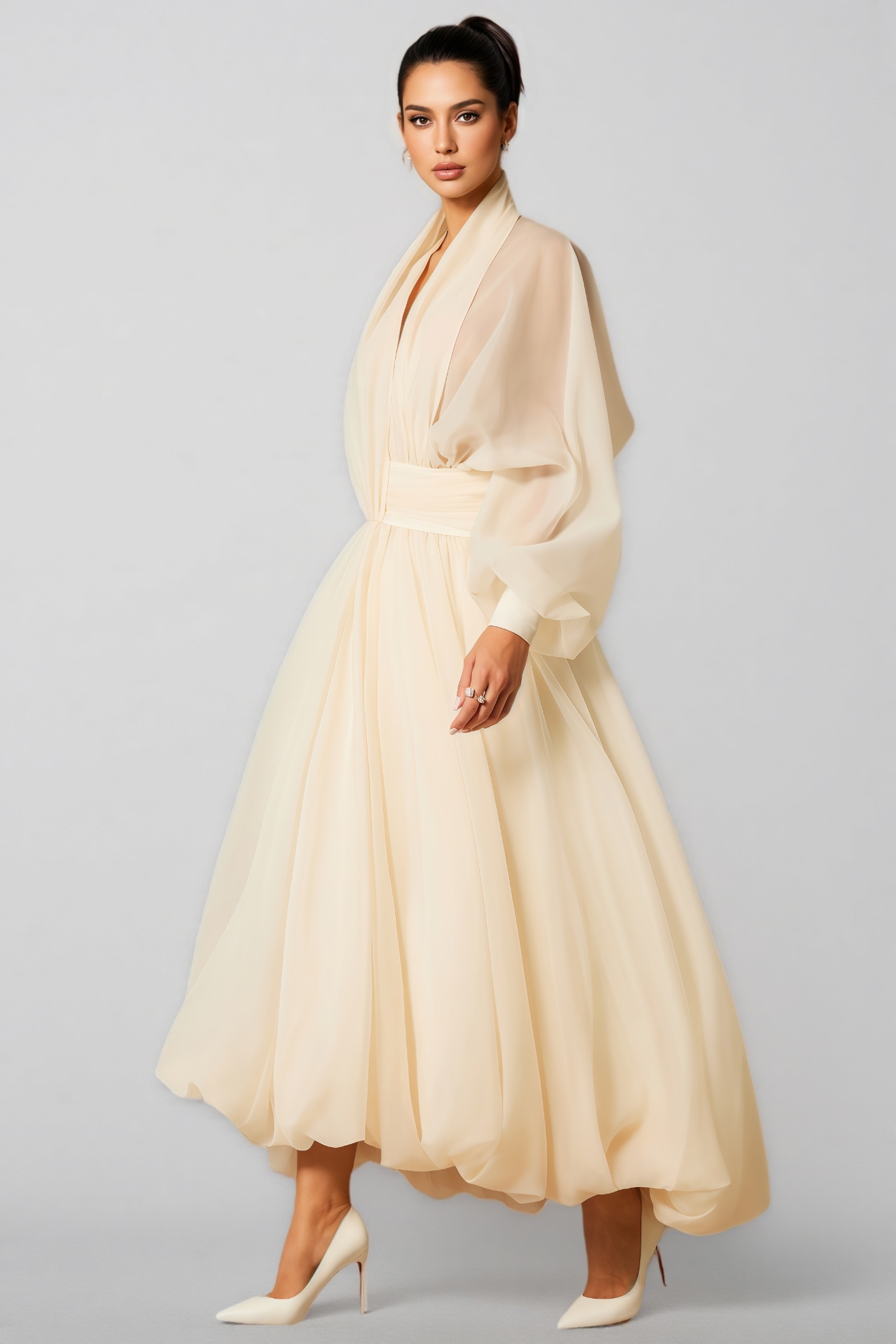 Selma Deep V-neck Puff Sleeve Maxi Dress