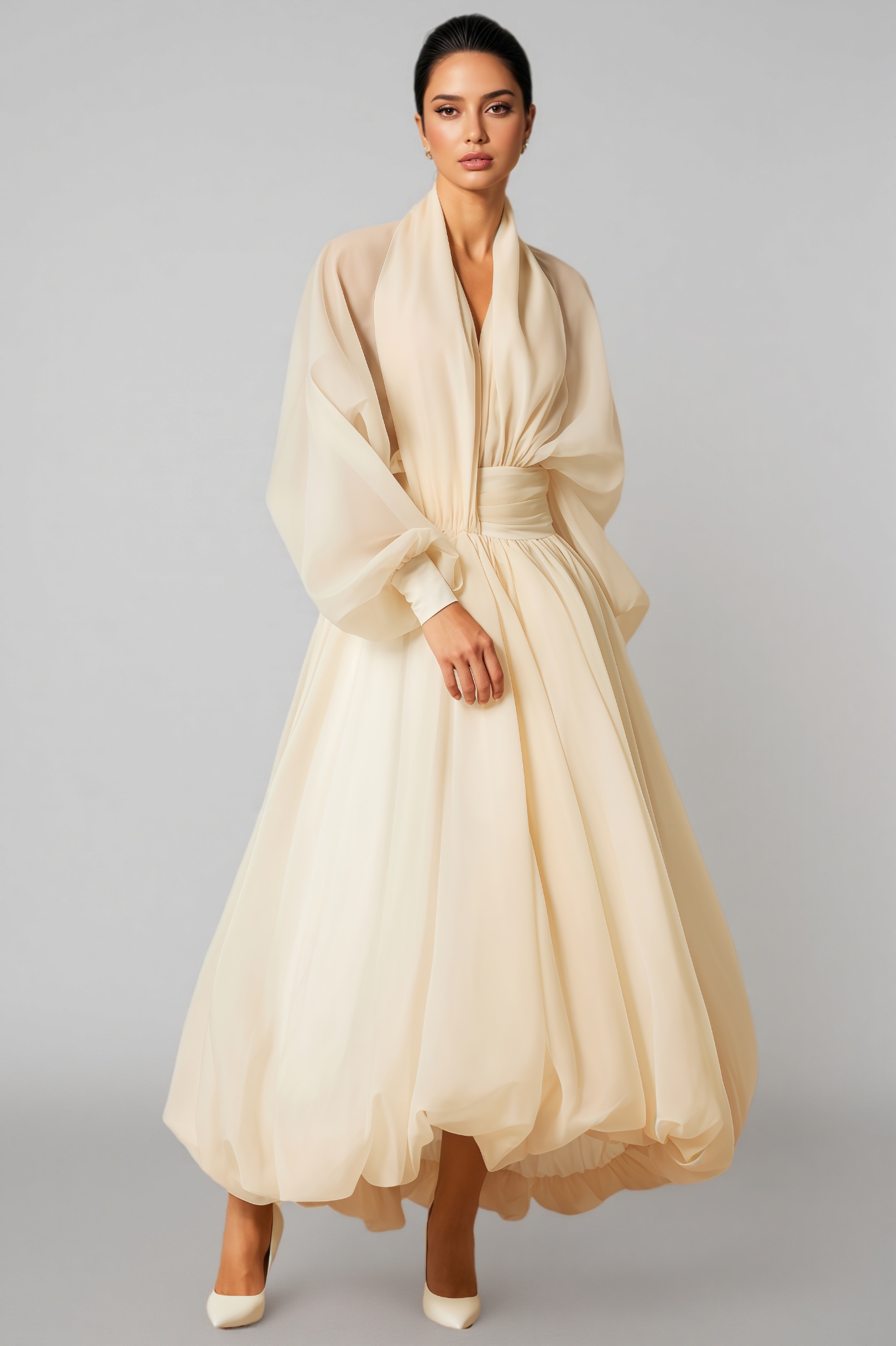 Selma Deep V-neck Puff Sleeve Maxi Dress
