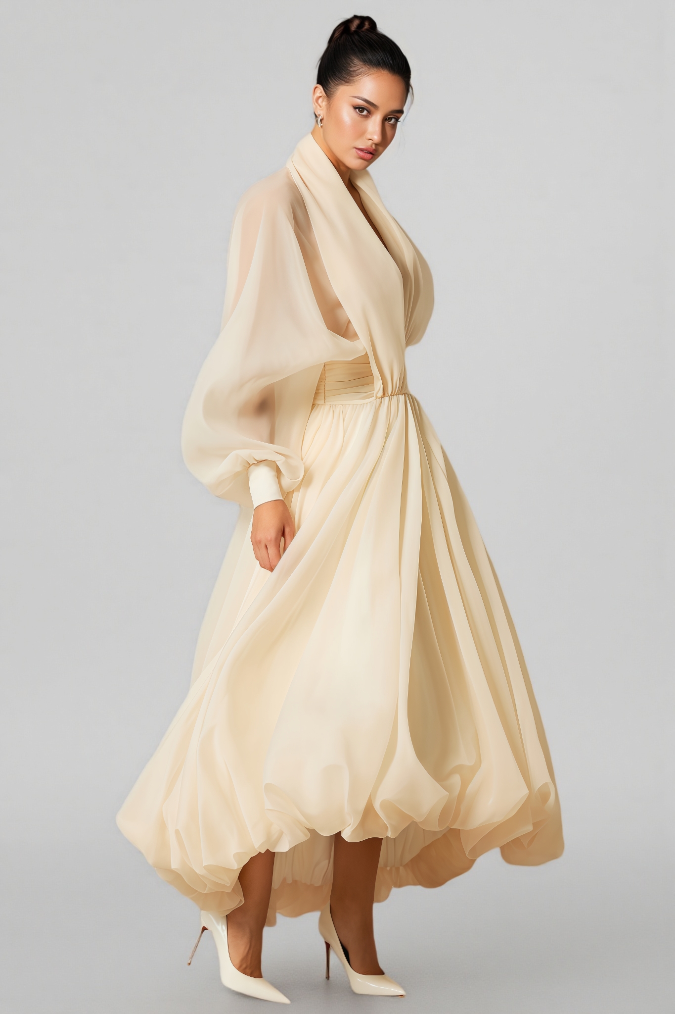 Selma Deep V-neck Puff Sleeve Maxi Dress