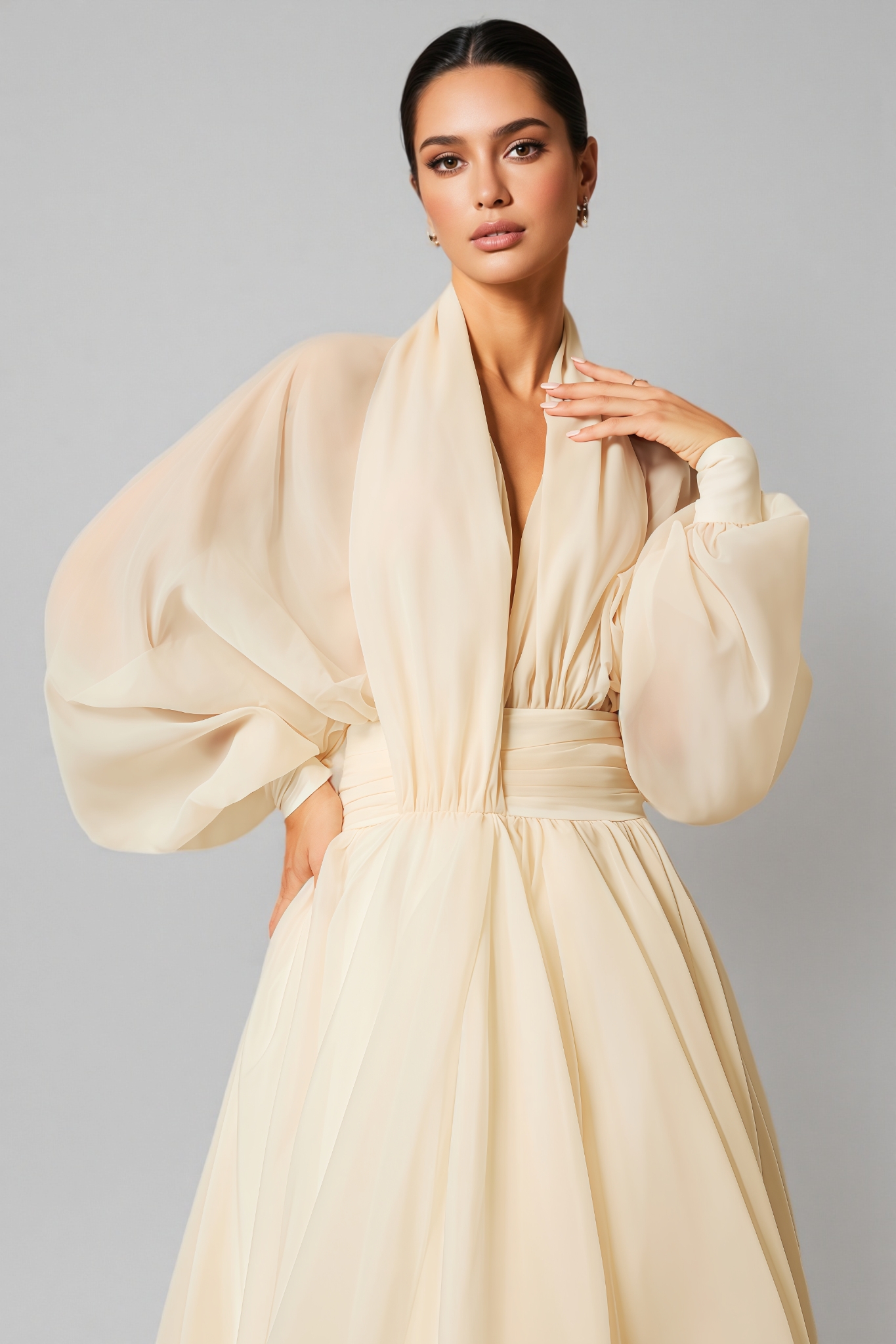 Selma Deep V-neck Puff Sleeve Maxi Dress